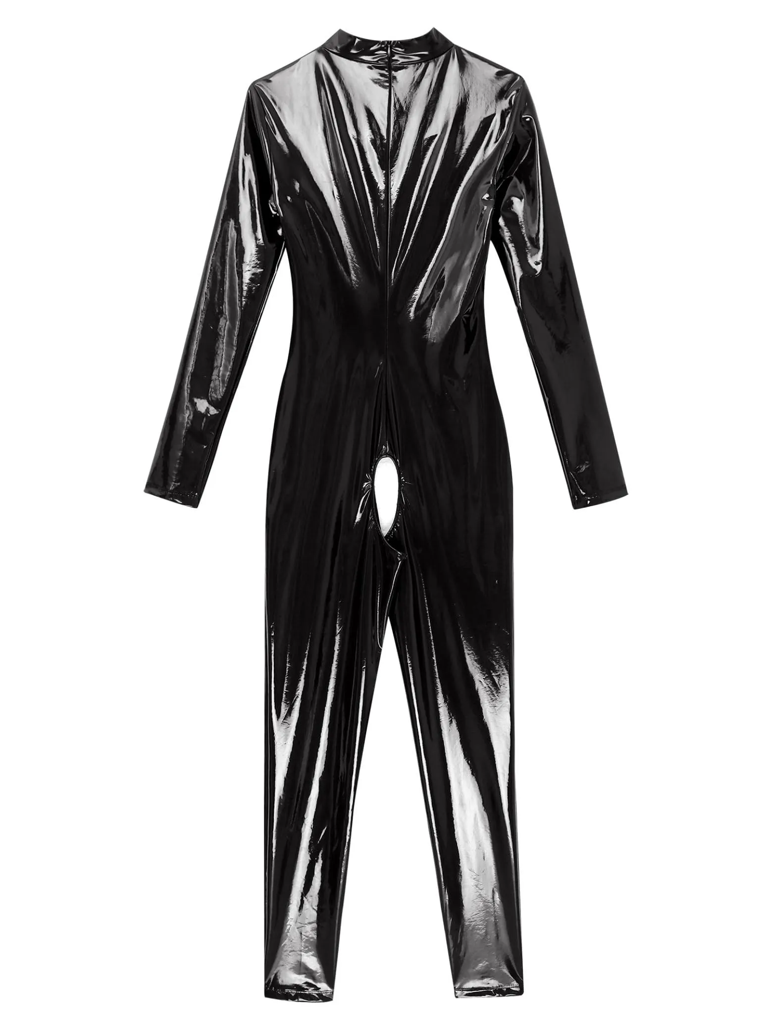 Sxiwei Donna Wetlook Bodysuit Ouvert Pantaloni Latex Catsuit Lucido Pelle Tuta Jumpsuit Maniche Lunghe Hot Pants Lingerie Gogo Abbigliamento Da Club Nero S - immagine 3