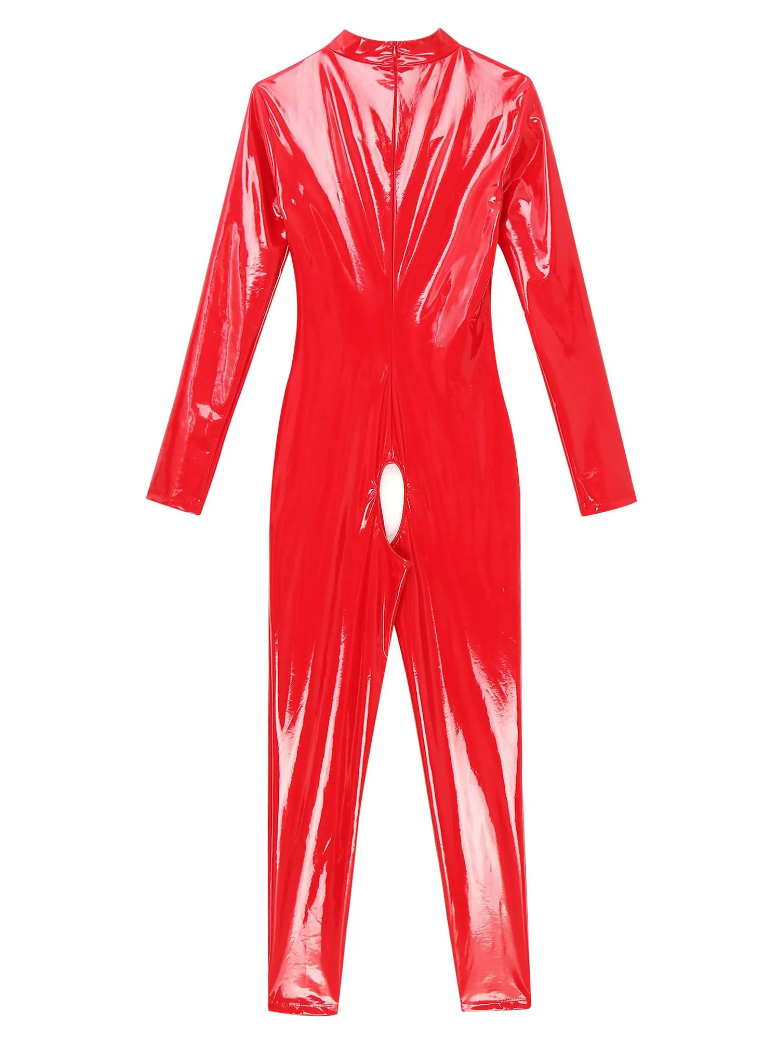 Sxiwei Donna Wetlook Bodysuit Ouvert Pantaloni Latex Catsuit Lucido Pelle Tuta Jumpsuit Maniche Lunghe Hot Pants Lingerie Gogo Abbigliamento Da Club Rosso XL - immagine 3
