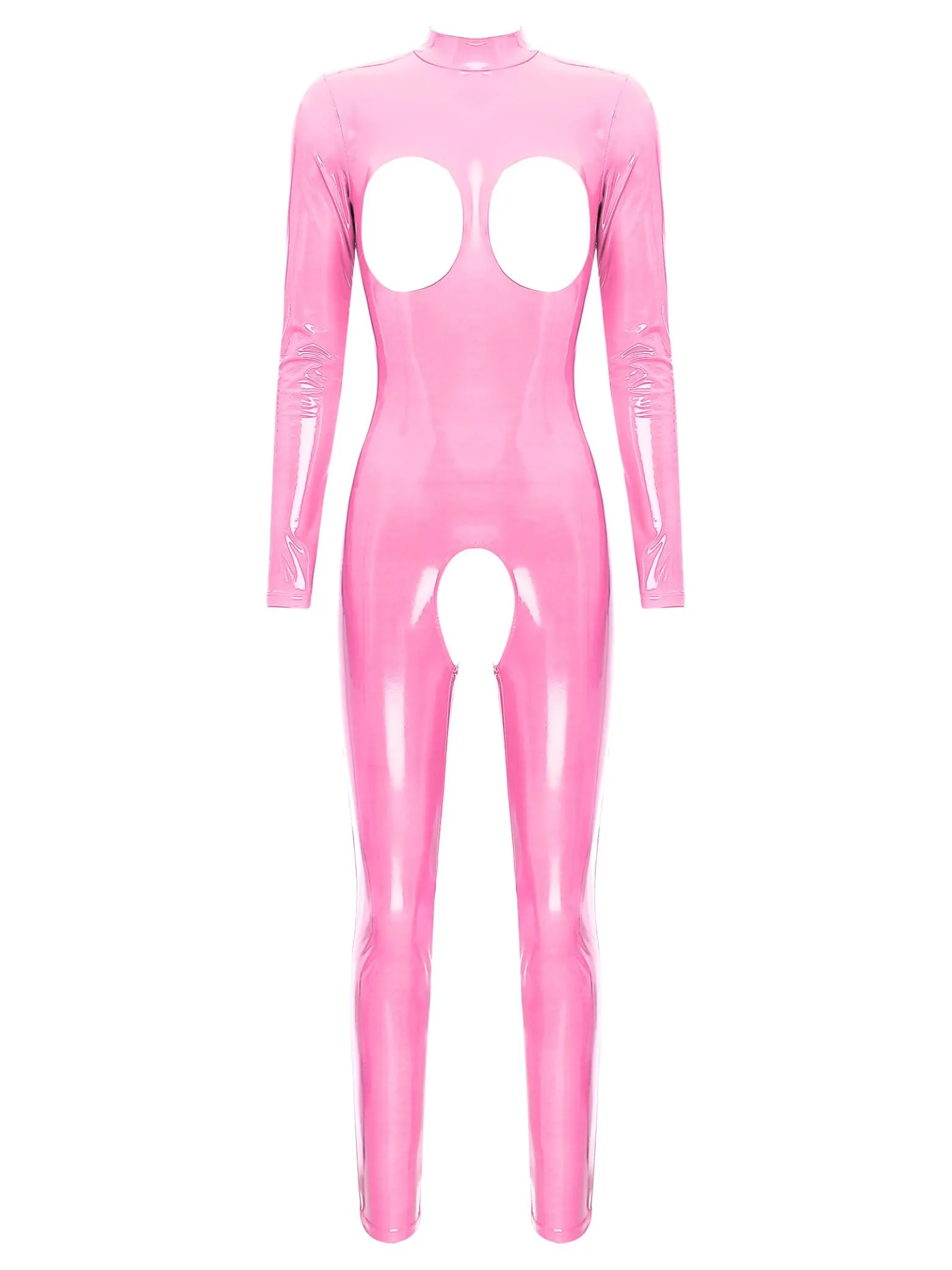 Sxiwei Donna Wetlook Bodysuit Ouvert Pantaloni Latex Catsuit Lucido Pelle Tuta Jumpsuit Maniche Lunghe Hot Pants Lingerie Gogo Abbigliamento Da Club Rosa scuro L - immagine 1