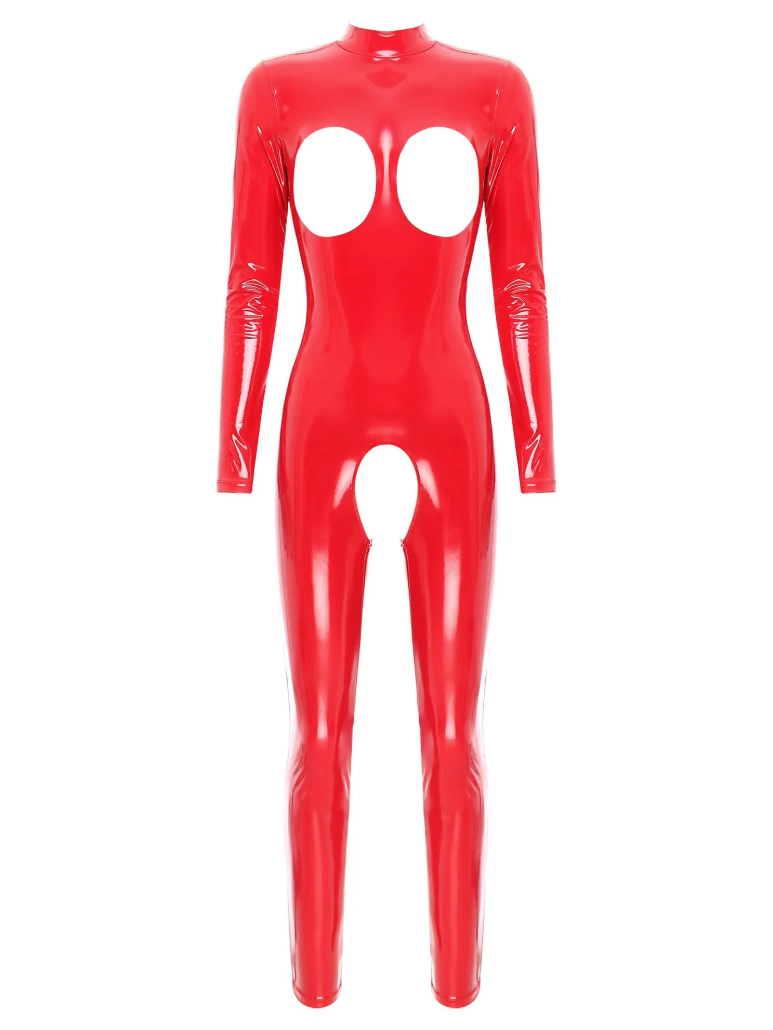 Sxiwei Donna Wetlook Bodysuit Ouvert Pantaloni Latex Catsuit Lucido Pelle Tuta Jumpsuit Maniche Lunghe Hot Pants Lingerie Gogo Abbigliamento Da Club Rosso S - immagine 1