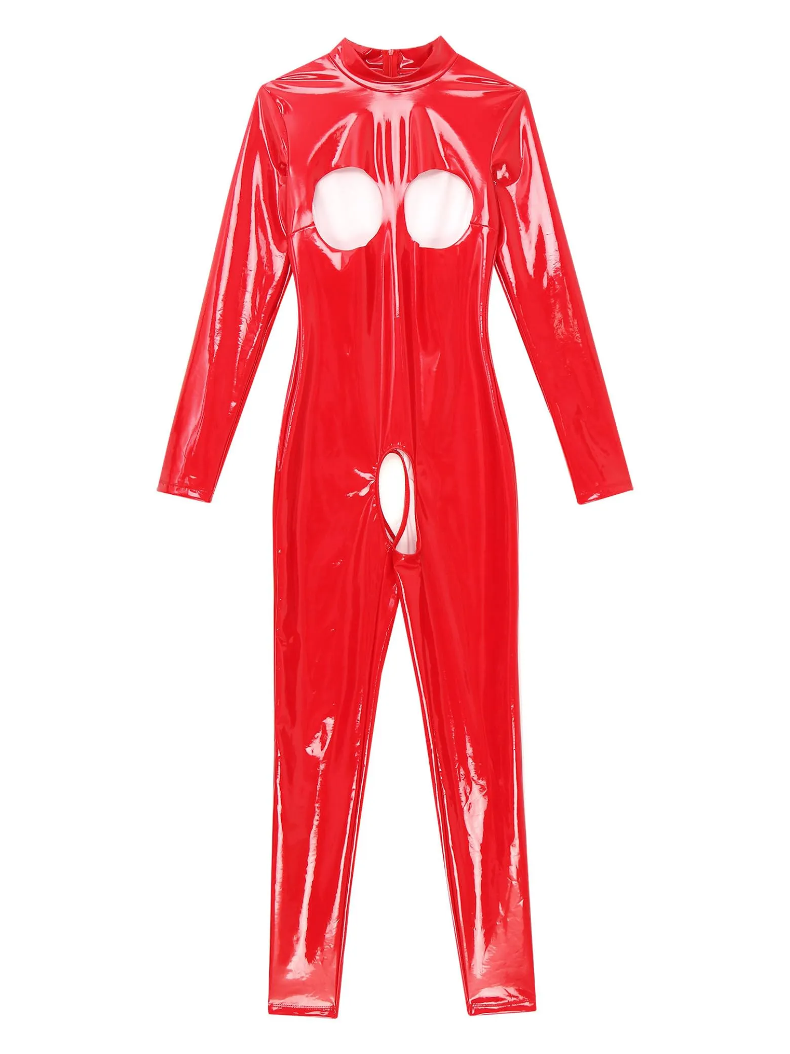 Sxiwei Donna Wetlook Bodysuit Ouvert Pantaloni Latex Catsuit Lucido Pelle Tuta Jumpsuit Maniche Lunghe Hot Pants Lingerie Gogo Abbigliamento Da Club Rosso M - immagine 2
