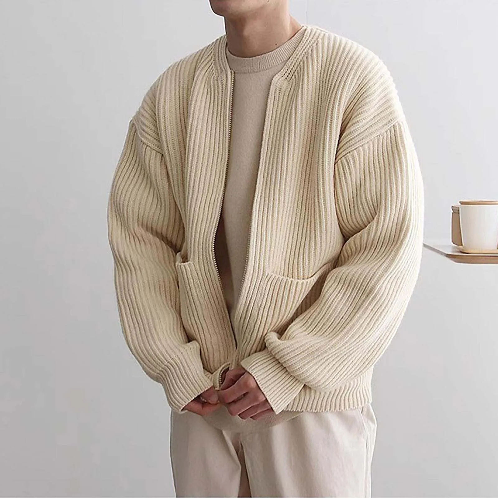 Mymyguoe - Cardigan da uomo in maglia tradizionale, giacca in lana a due file, giacca invernale spessa, pullover caldo senza cappuccio, classico, XL - immagine 4