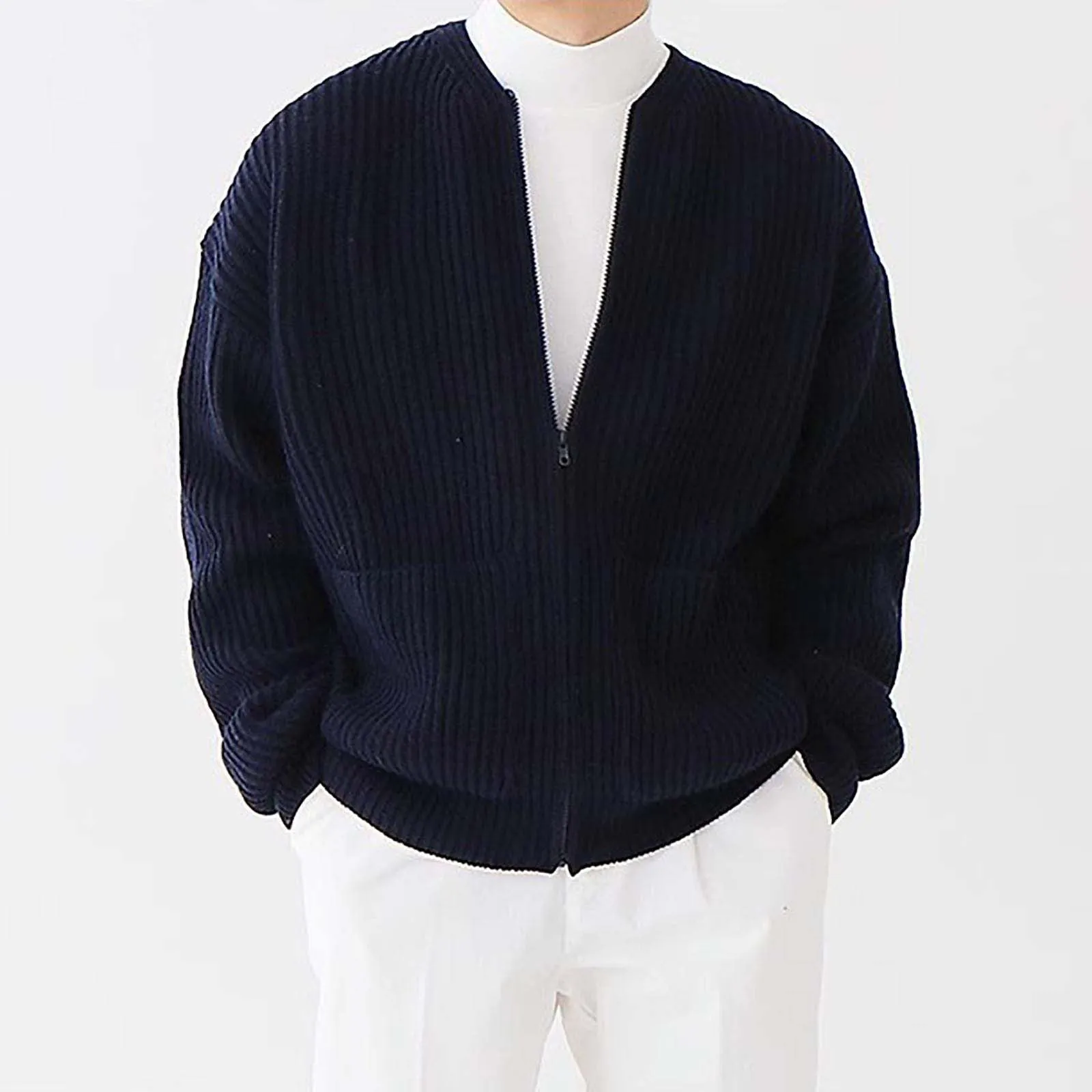 Mymyguoe Cardigan tradizionale da uomo, cardigan in lana, doppio petto, cappotto invernale, maglione spesso caldo, senza cappuccio, giacca invernale, cardigan classico, Q1 Blu, L - immagine 6