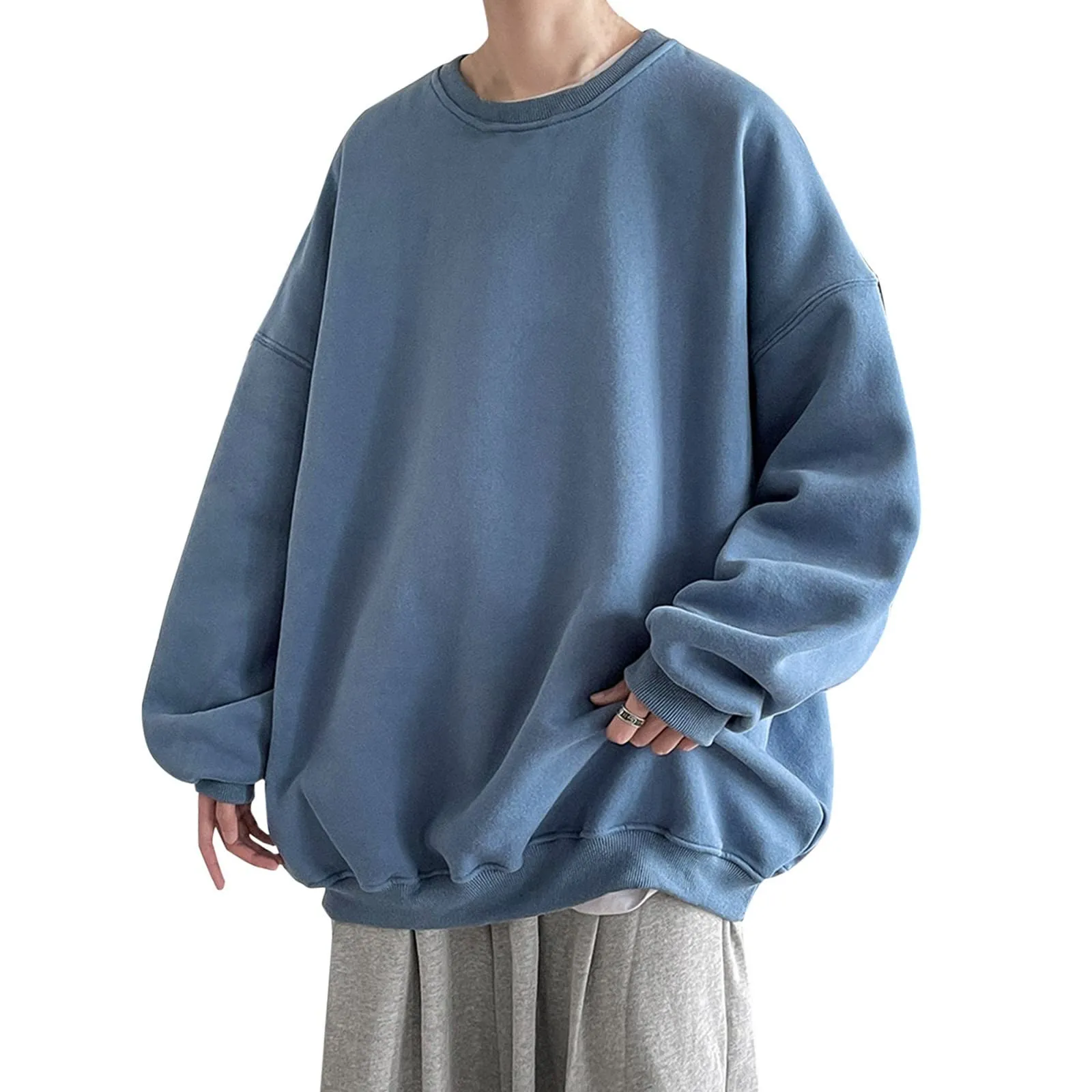 Duohropke Felpa da uomo oversize, con scollo rotondo, finto in due pezzi, a maniche lunghe, senza cappuccio, vintage, per primavera, inverno, maglione da lavoro, taglie forti, 03 blu., 4XL - immagine 1