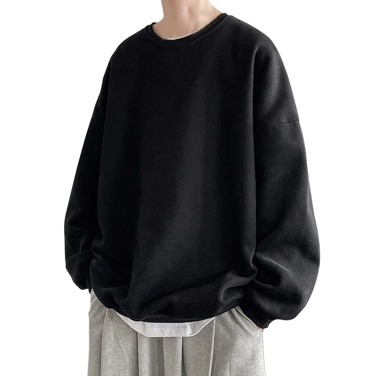 Duohropke - Felpa da uomo oversize con scollo tondo, in stile vintage, a due pezzi, senza cappuccio, a maniche lunghe, maglione, per primavera e inverno, maglione da lavoro, taglie grandi, 03 nero., M - immagine 2