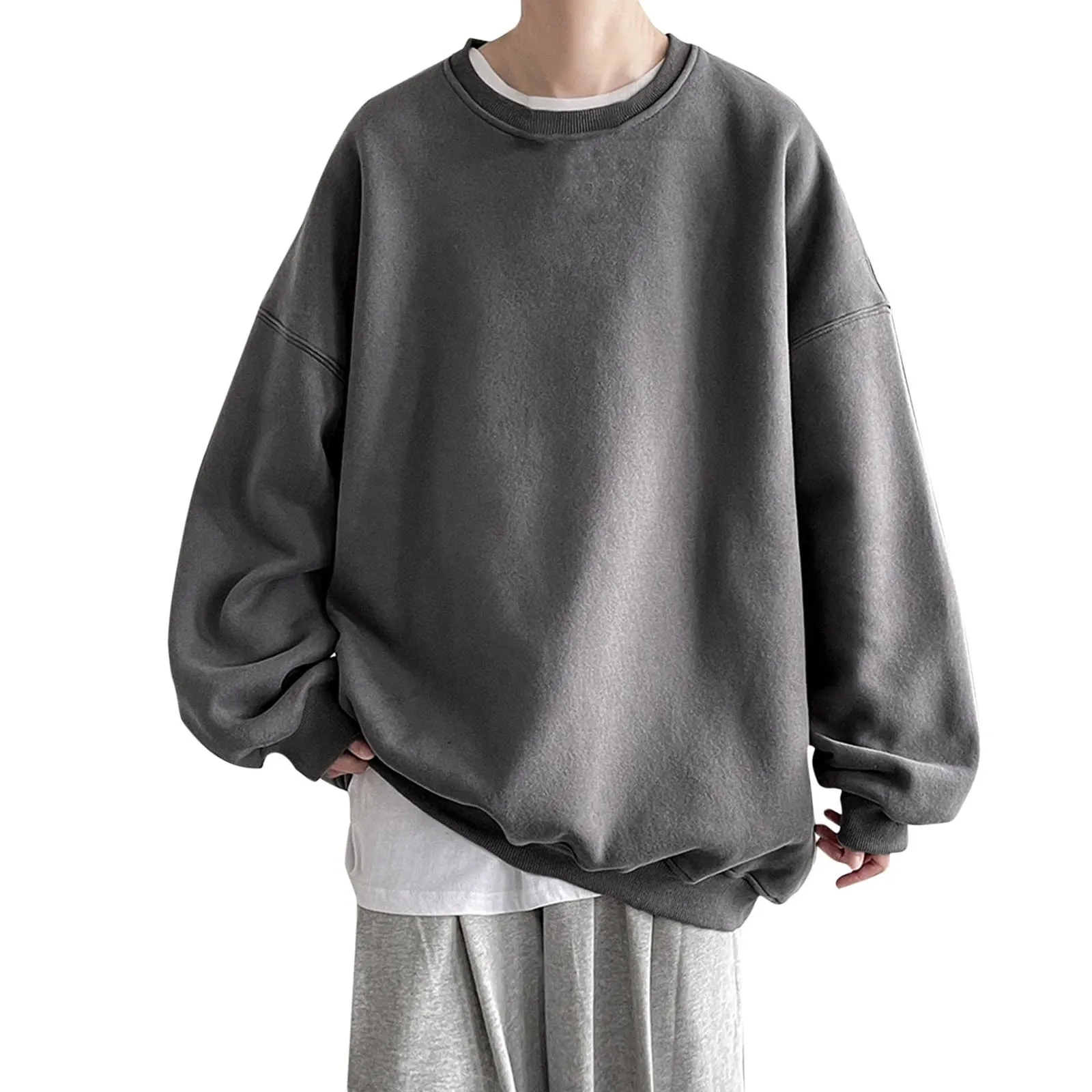 Duohropke Felpa da uomo oversize, con scollo rotondo, finto in due pezzi, a maniche lunghe, senza cappuccio, vintage, per primavera, inverno, maglione da lavoro, taglie forti, 03 grigio scuro., M - immagine 2