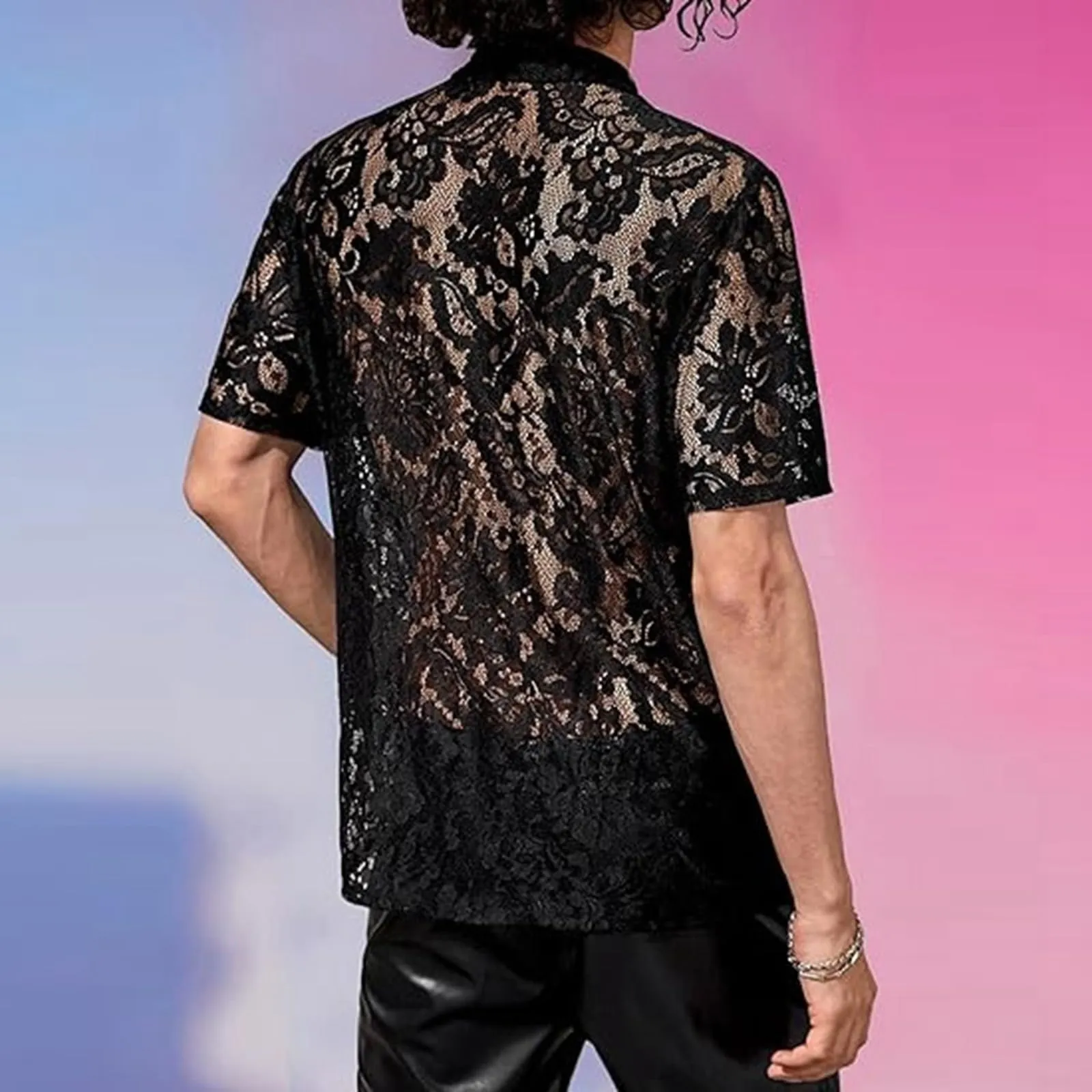Duohropke Camicia a maniche lunghe da uomo, trasparente, in rete, con bottoni, sexy, erotica, 05 nero, 3XL - immagine 6