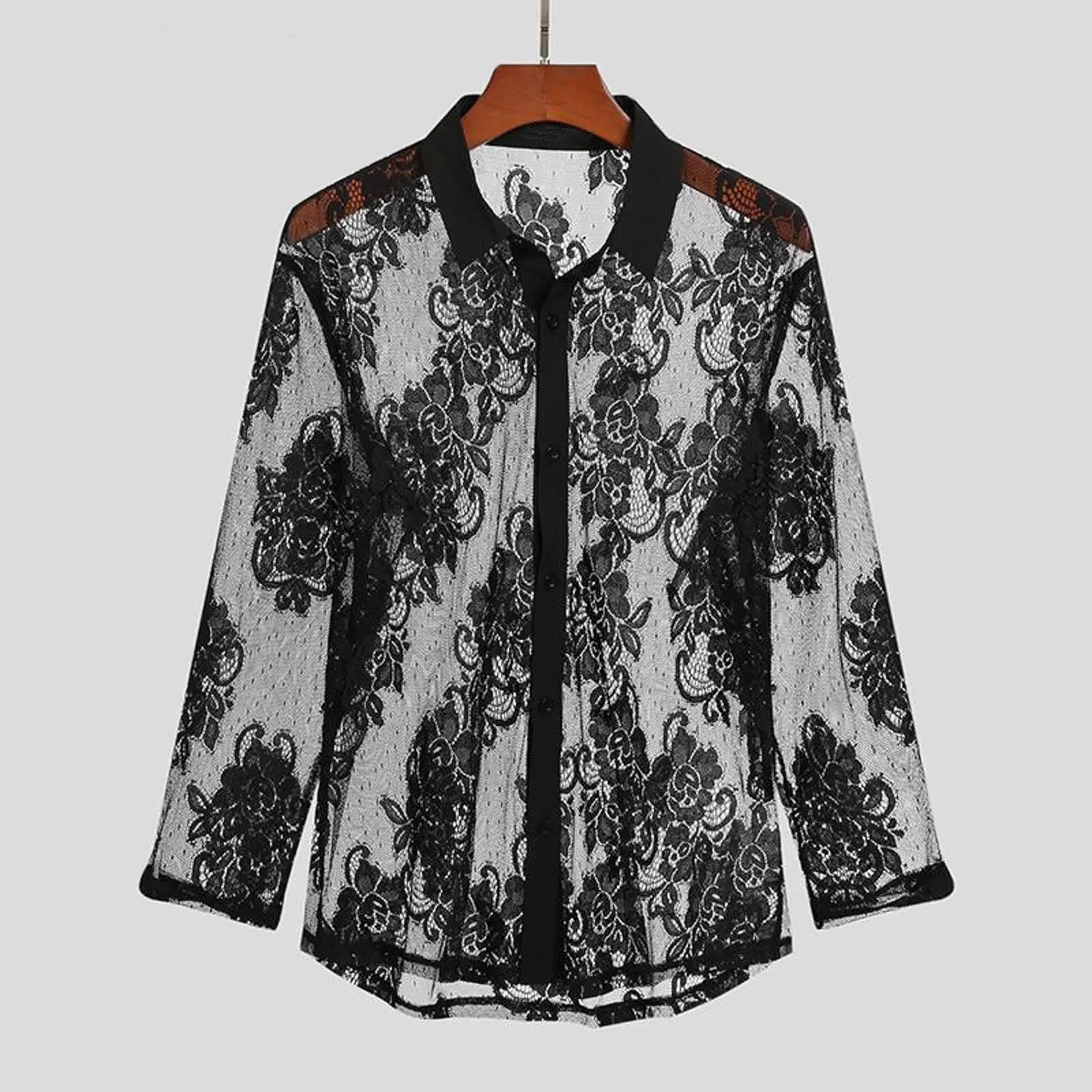 Duohropke Maglietta da uomo a maniche lunghe in rete, top in mesh, maglietta trasparente con bottoni, biancheria intima sexy, abbigliamento da club, 04 nero., M - immagine 5