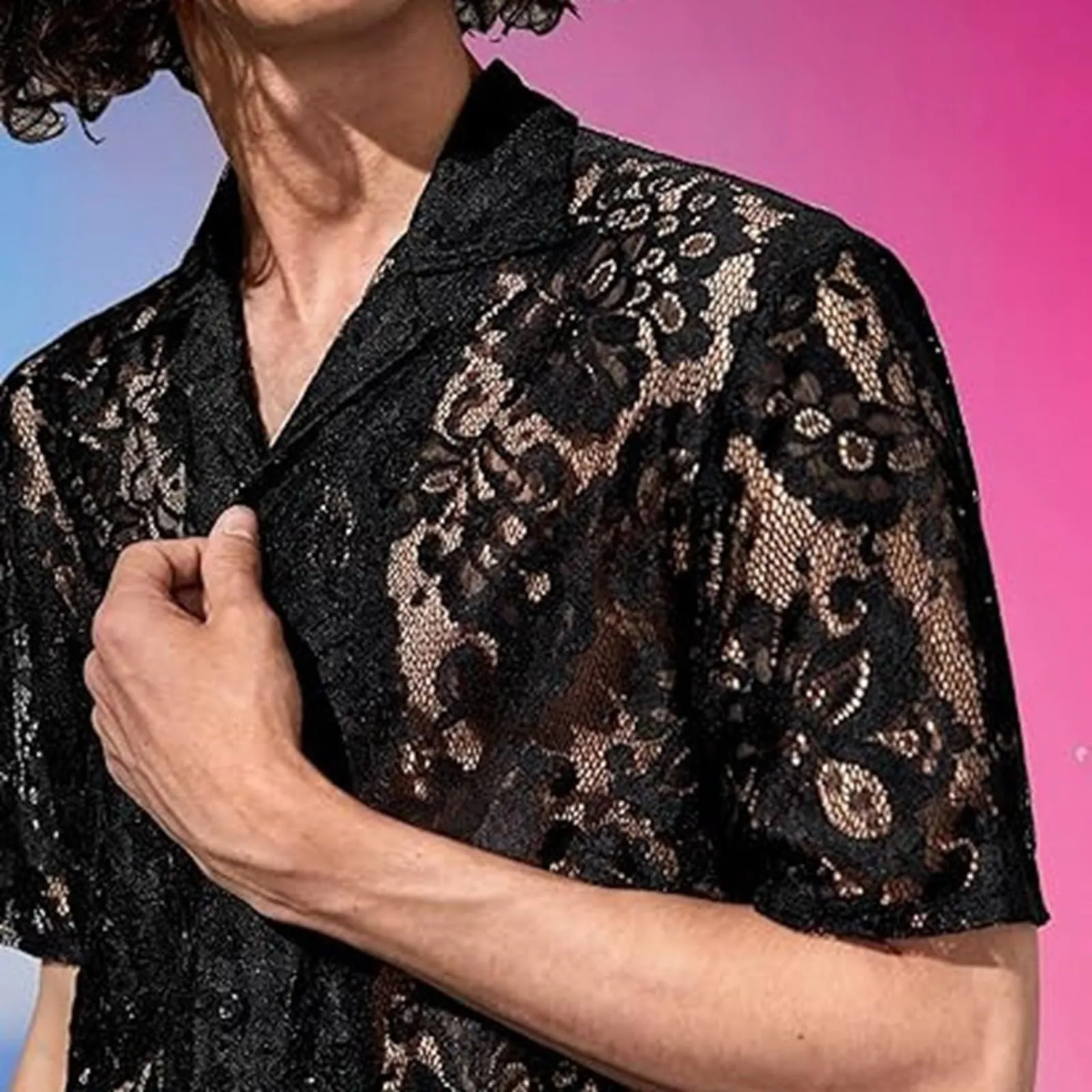 Duohropke Camicia a maniche lunghe da uomo, trasparente, in rete, con bottoni, sexy, erotica, 05 nero, M - immagine 4