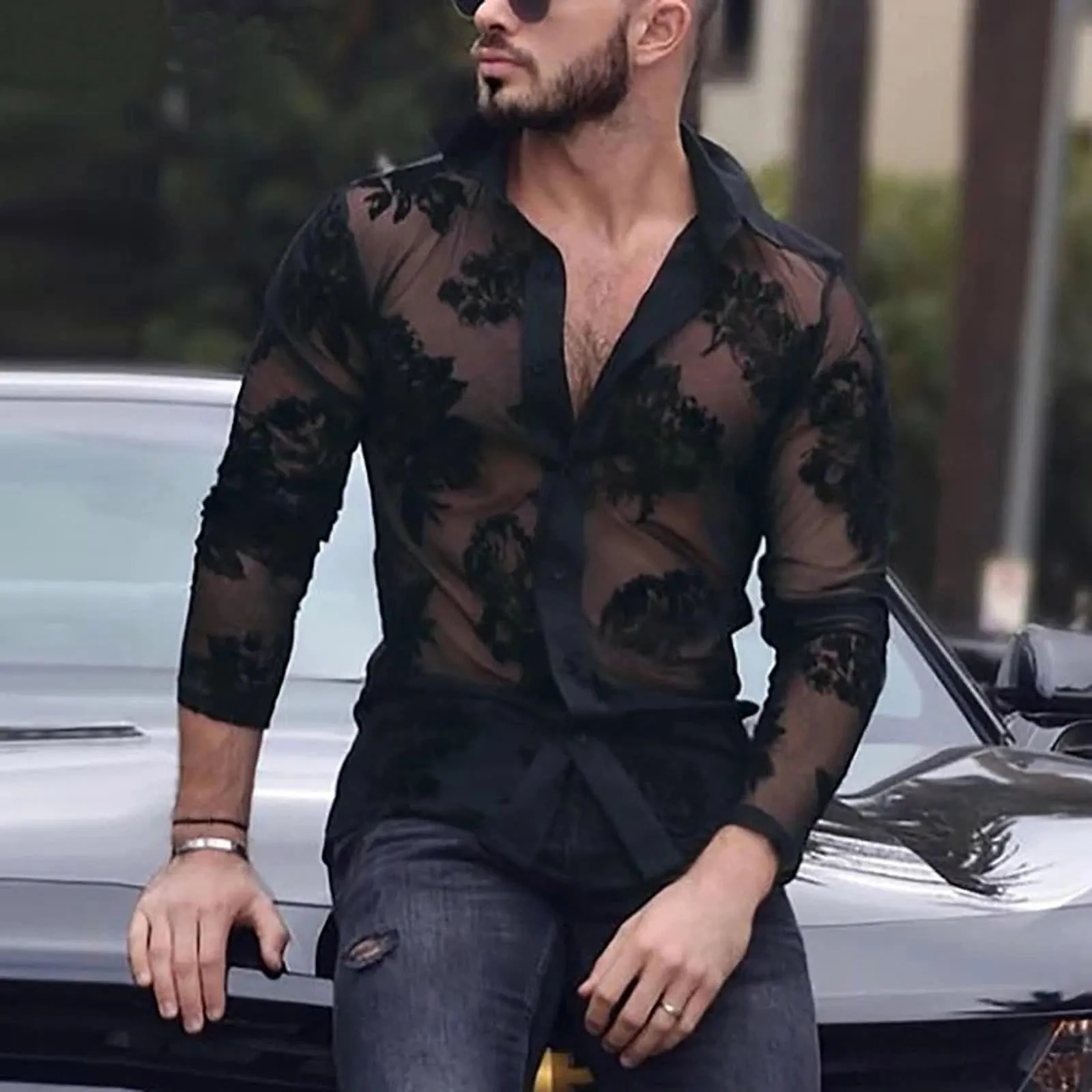Duohropke Camicia a maniche lunghe da uomo, trasparente, in rete, con bottoni, sexy, erotica, 04 nero., XL - immagine 2