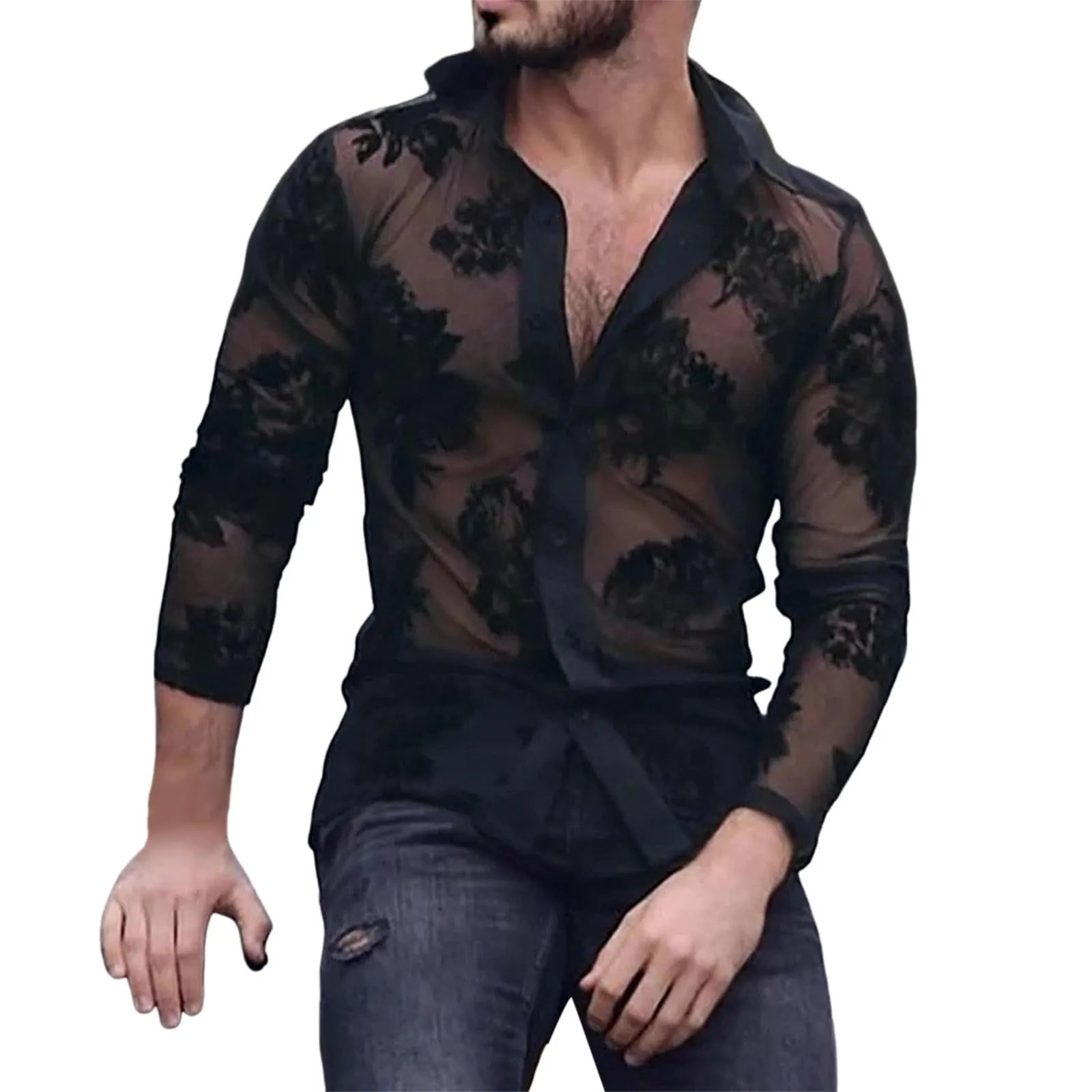 Duohropke Camicia a maniche lunghe da uomo, trasparente, in rete, con bottoni, sexy, erotica, 04 nero., L - immagine 1