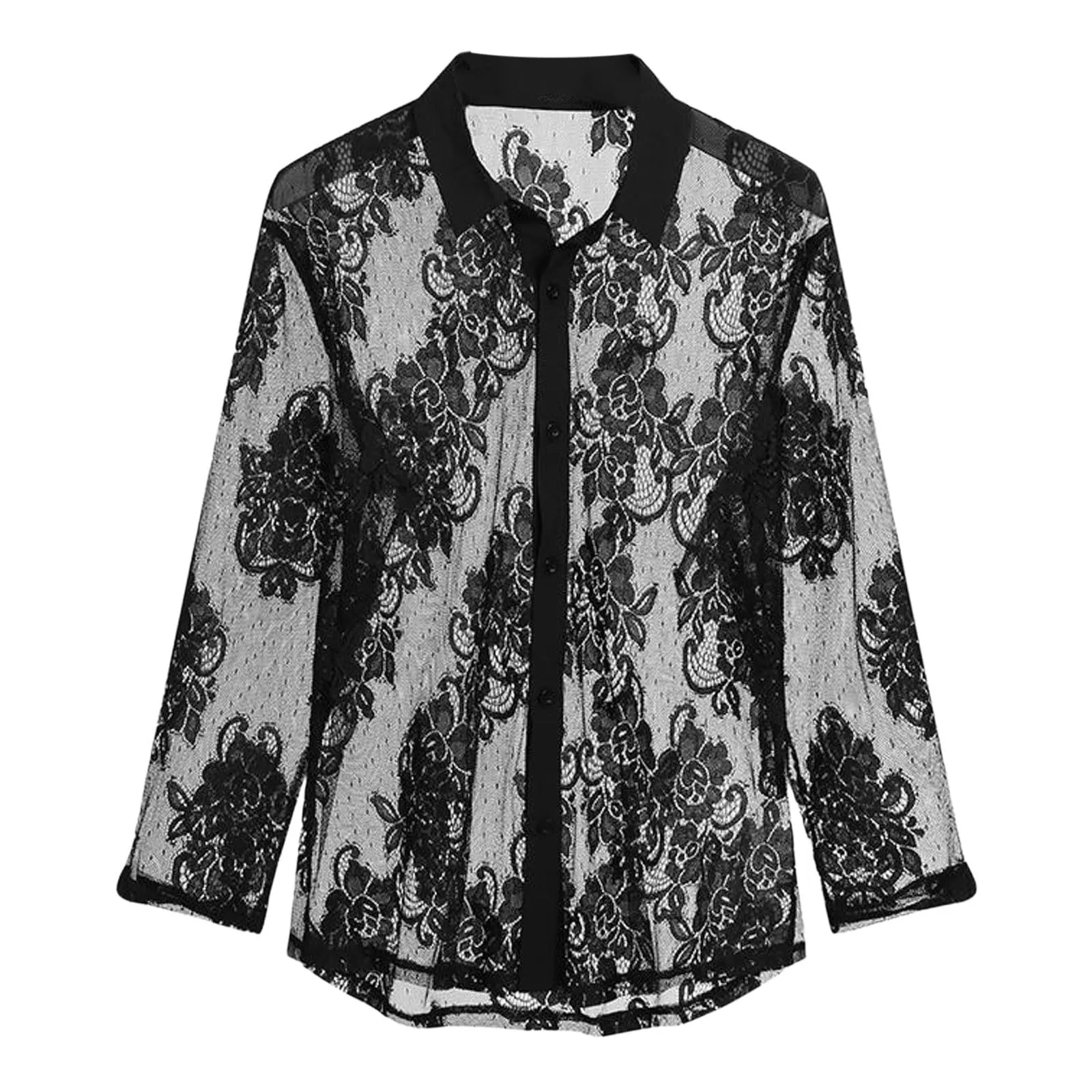 Duohropke Camicia a maniche lunghe da uomo, trasparente, in rete, con bottoni, sexy, erotica, 04 nero., L - immagine 4