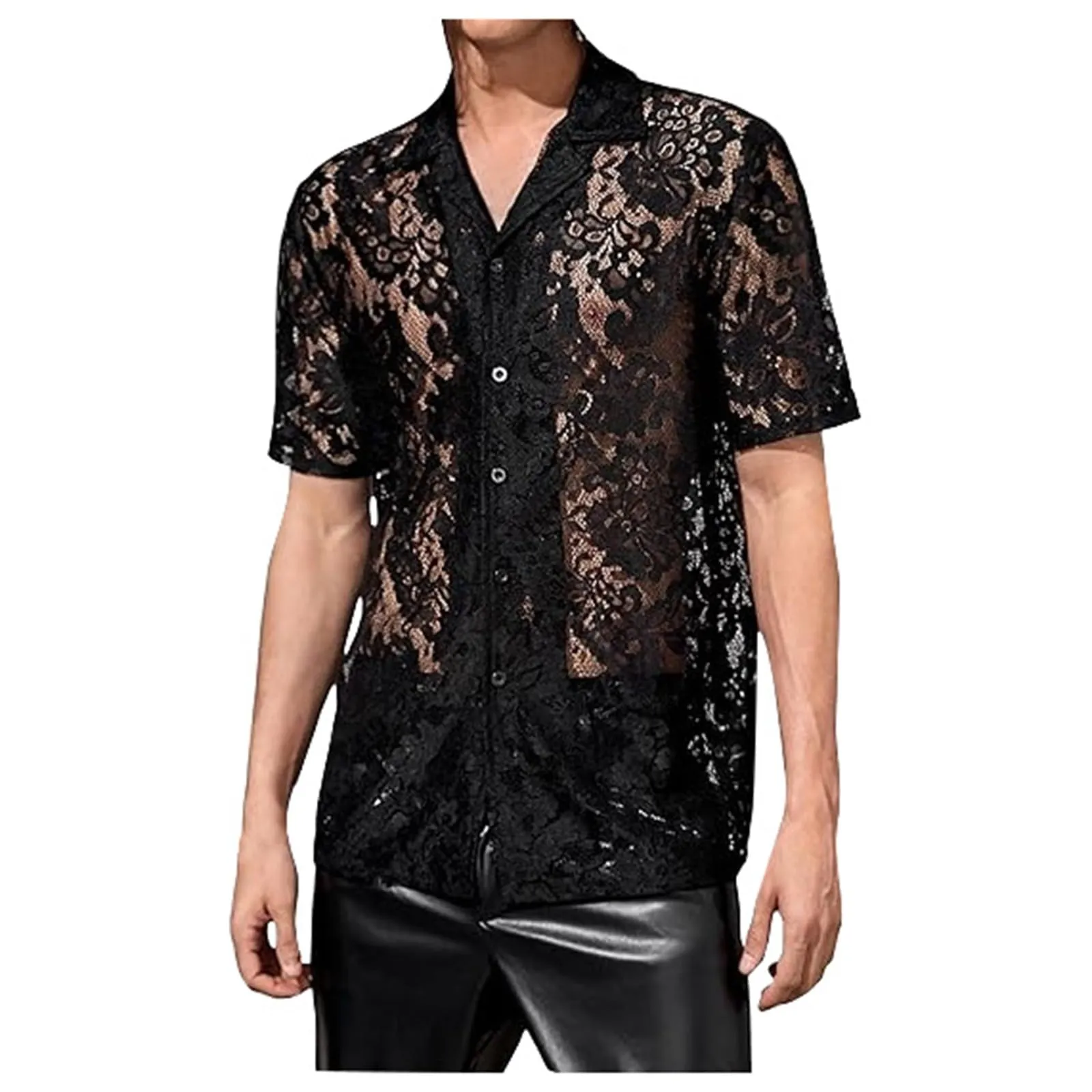 Duohropke, maglietta da uomo a maniche lunghe, in rete trasparente, top in mesh, camicia in rete con bottoni, biancheria intima sexy, abbigliamento da club, 05 nero, XXL - immagine 1