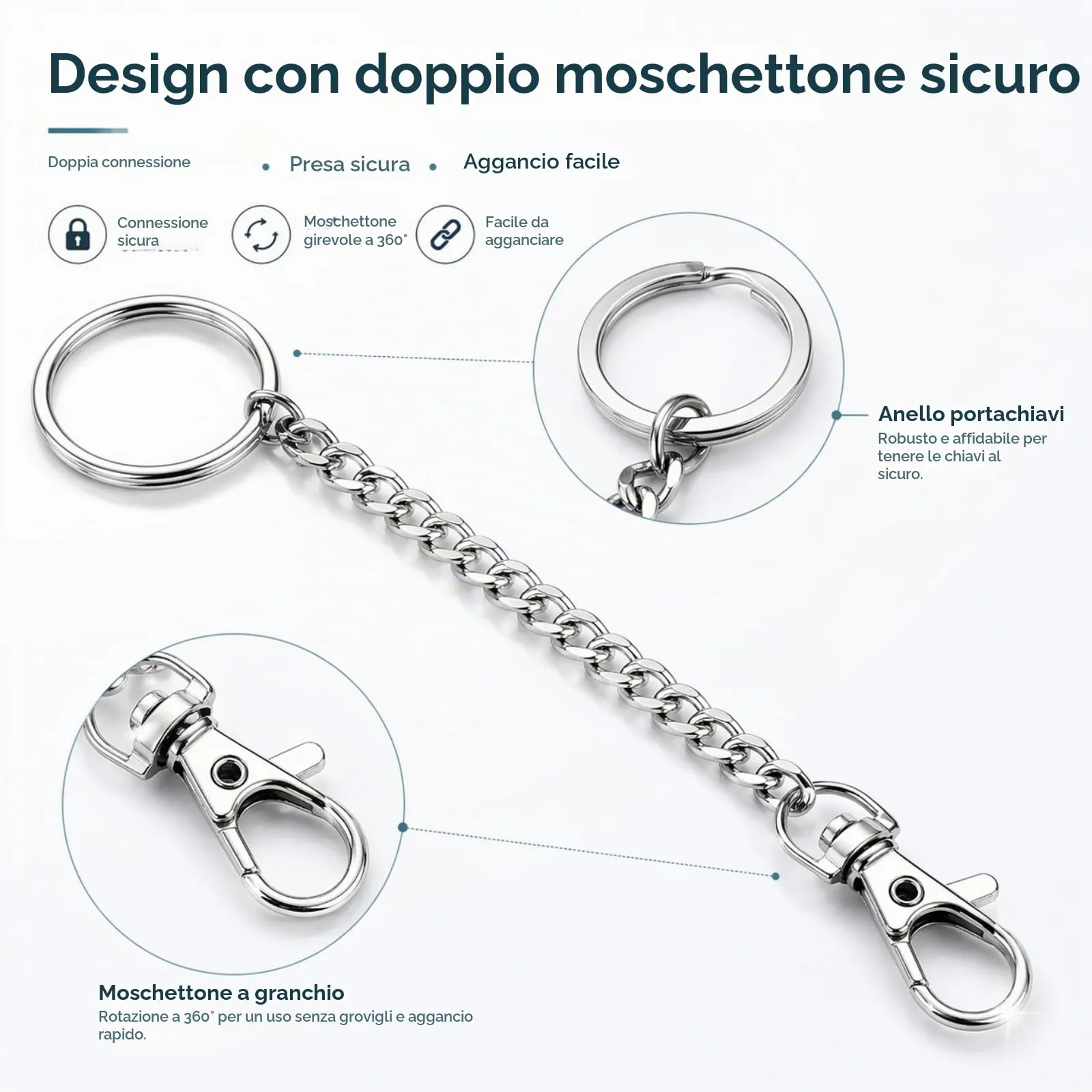 ARYIMYDP 38 cm Catena Portachiavi e Catena per Pantaloni in Acciaio Inox Antiusura, Moschettone Girevole 360°, Chiusura Sicura, Ideale per Uomo Donna, Ciclismo, Camionisti, Alpinismo e Uso Quotidiano - immagine 3