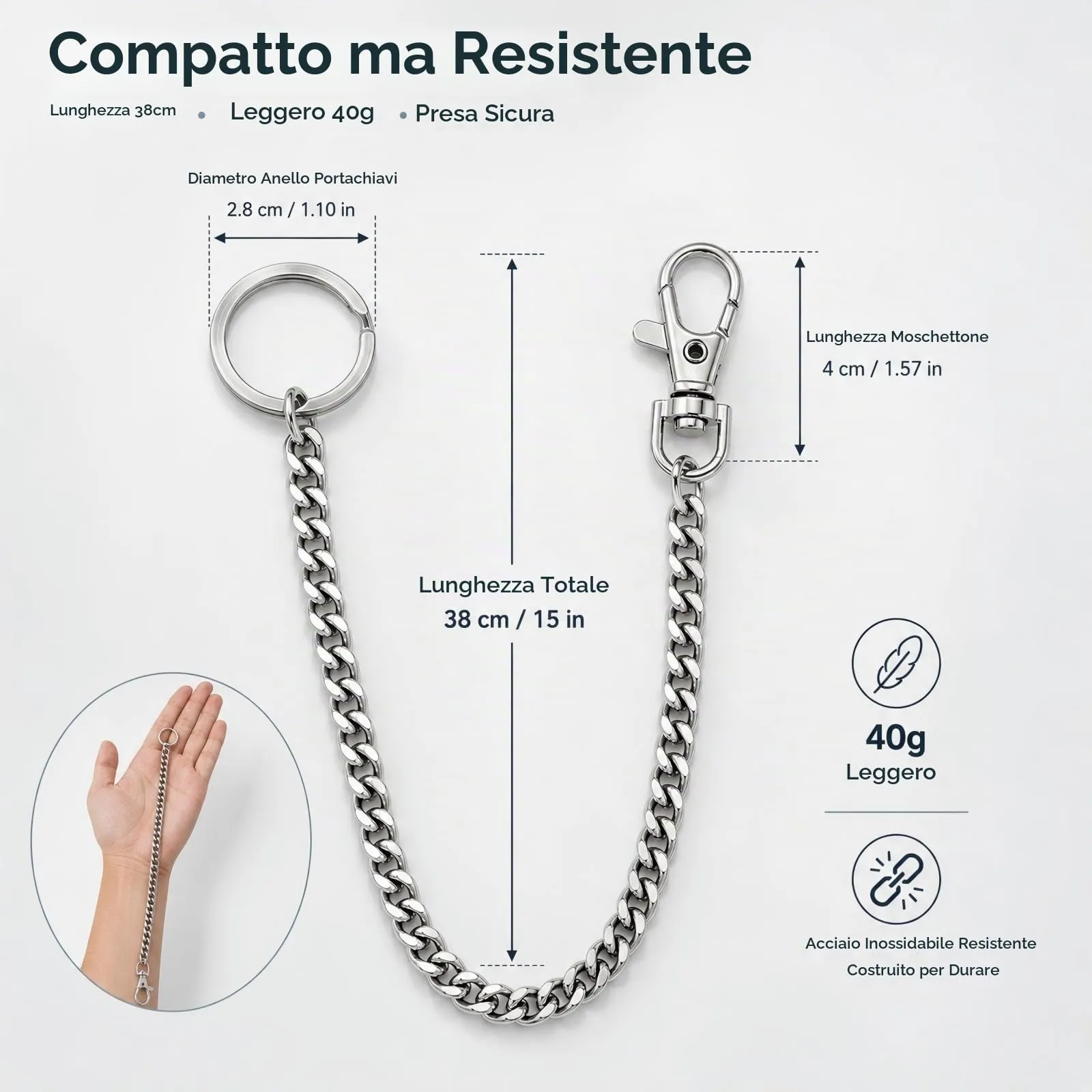 ARYIMYDP 38 cm Catena Portachiavi e Catena per Pantaloni in Acciaio Inox Antiusura, Moschettone Girevole 360°, Chiusura Sicura, Ideale per Uomo Donna, Ciclismo, Camionisti, Alpinismo e Uso Quotidiano - immagine 7