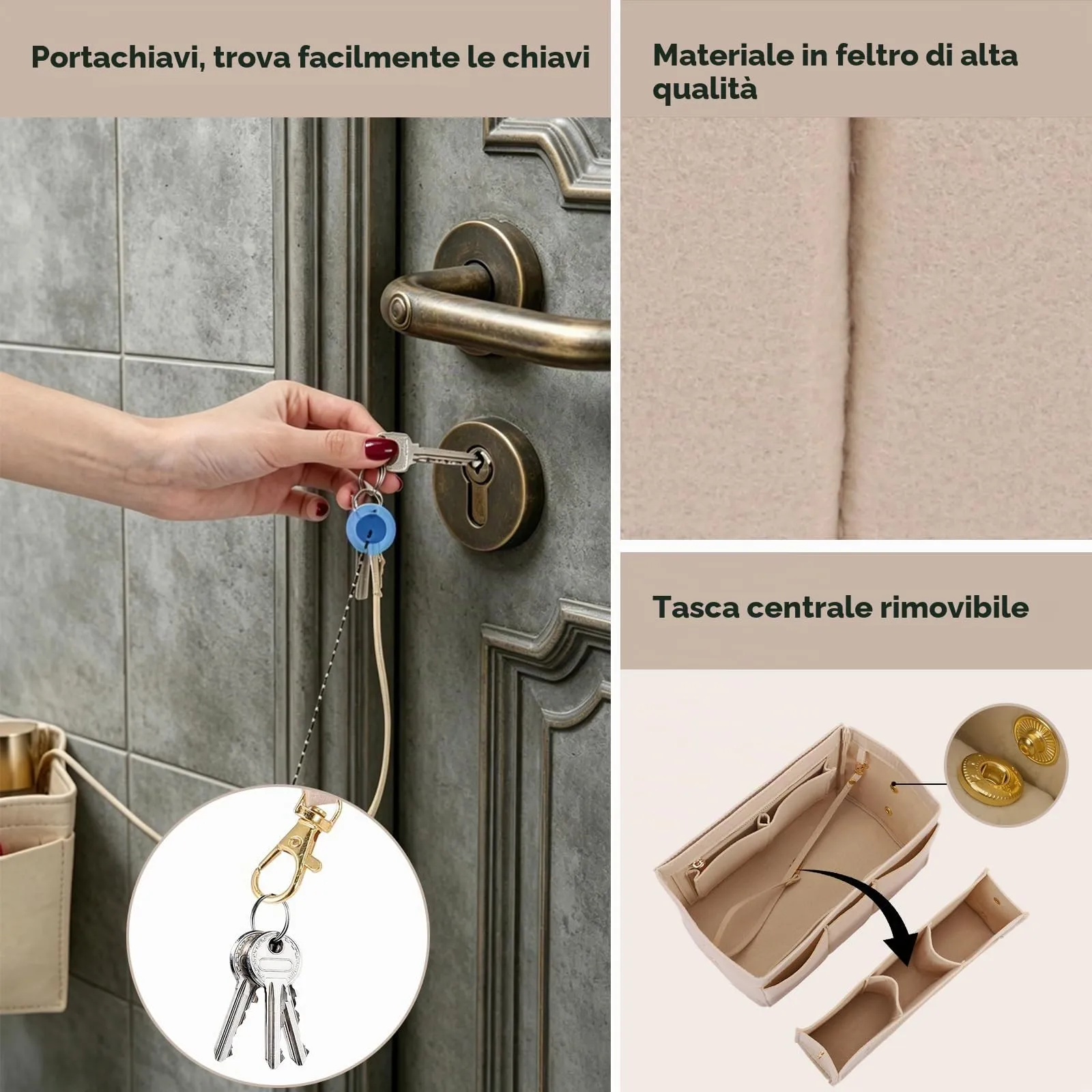 Wotrilw Feltro Organizer da Borsa, Organizzatore di Feltro, Bag in Bag con Catena Chiave, Organizzatore Leggero, con Scomparto Estraibile, Organizer da Borsa Donna - immagine 3