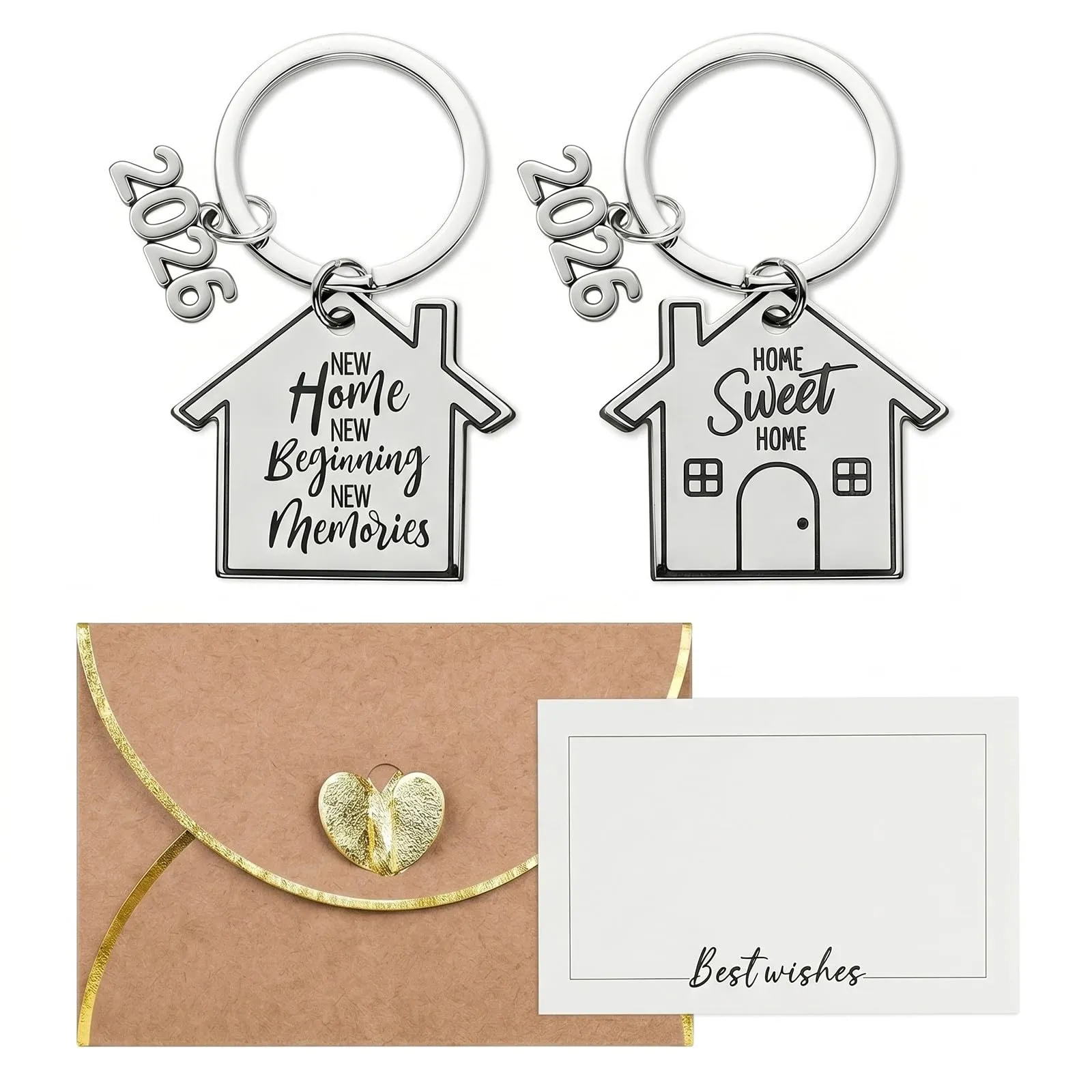 2 Pezzi Portachiavi Casa Nuova 2026, Regalo Inaugurazione Casa per Coppia con Busta e Biglietto Best Wishes, Portachiavi Portafortuna in Acciaio, Home Sweet Home, New Home New Beginning - immagine 1