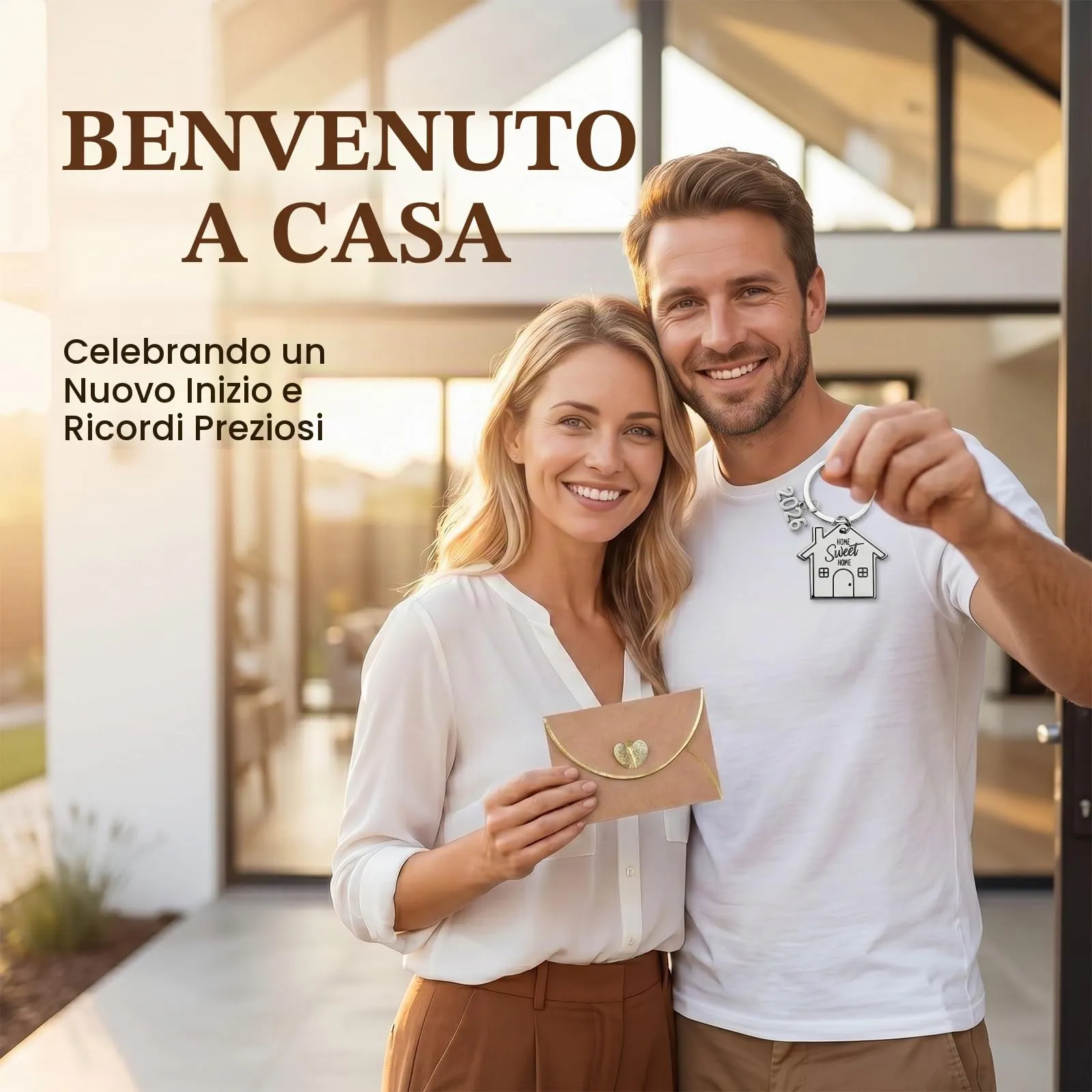 2 Pezzi Portachiavi Casa Nuova 2026, Regalo Inaugurazione Casa per Coppia con Busta e Biglietto Best Wishes, Portachiavi Portafortuna in Acciaio, Home Sweet Home, New Home New Beginning - immagine 2