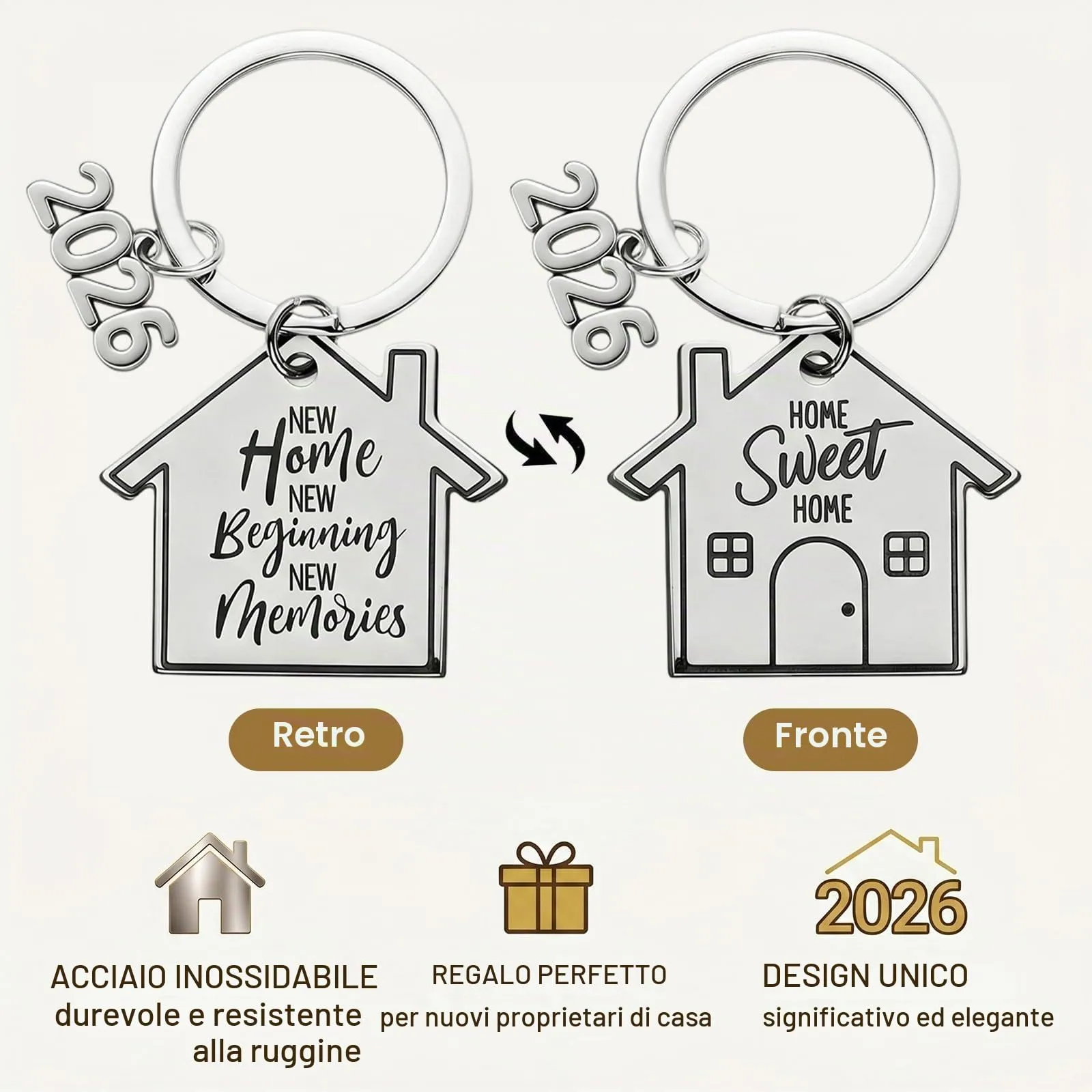 2 Pezzi Portachiavi Casa Nuova 2026, Regalo Inaugurazione Casa per Coppia con Busta e Biglietto Best Wishes, Portachiavi Portafortuna in Acciaio, Home Sweet Home, New Home New Beginning - immagine 4