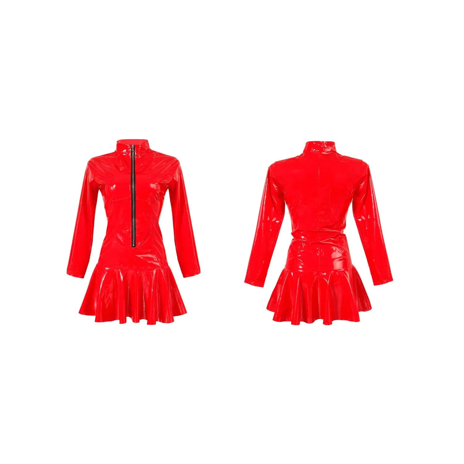 ROSVAJFY Vestito Sexy Wetlook da Donna Vestito in Ecopelle Lucida con Cerniera Maniche Lunghe Brillante Abbigliamento da Club in Lattice Abito A Ruota Aderente Miniabito Corto (Rosso, L) - immagine 6