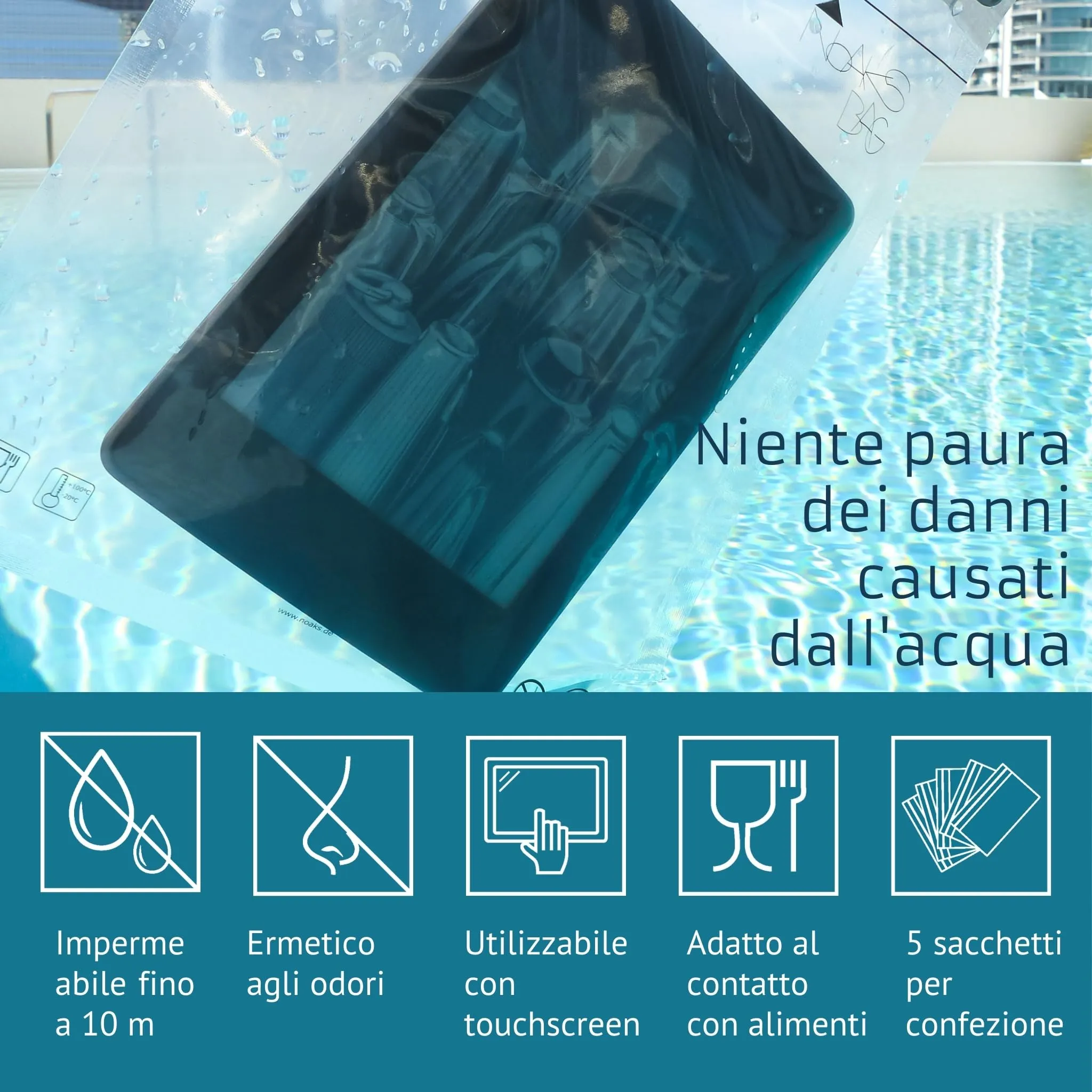 Noaks Bags, set da 5 sacchetti impermeabili (IPX8), antiodore, Taglia M - immagine 2