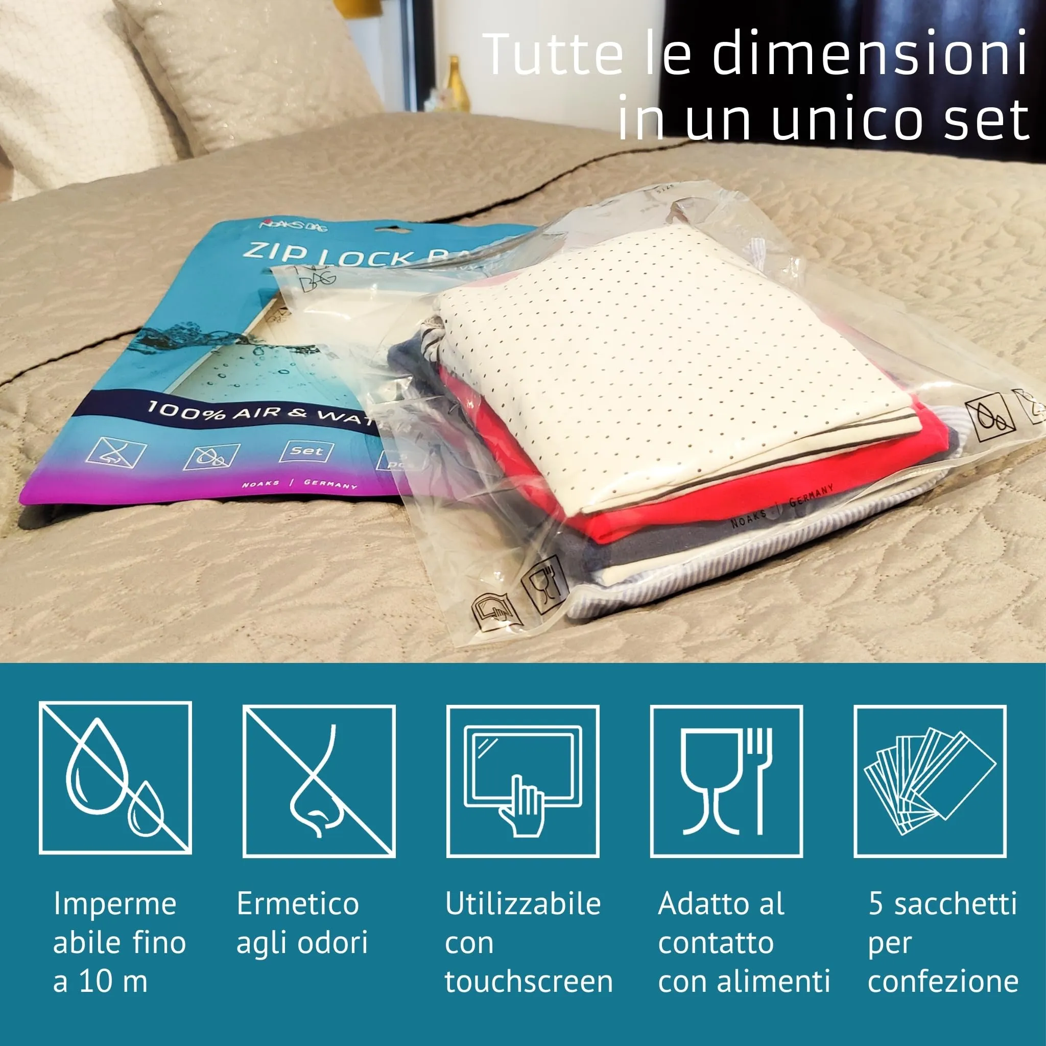 Noaks Bags, set da 5 sacchetti impermeabili (IPX8), antiodore, 5 taglie - immagine 2