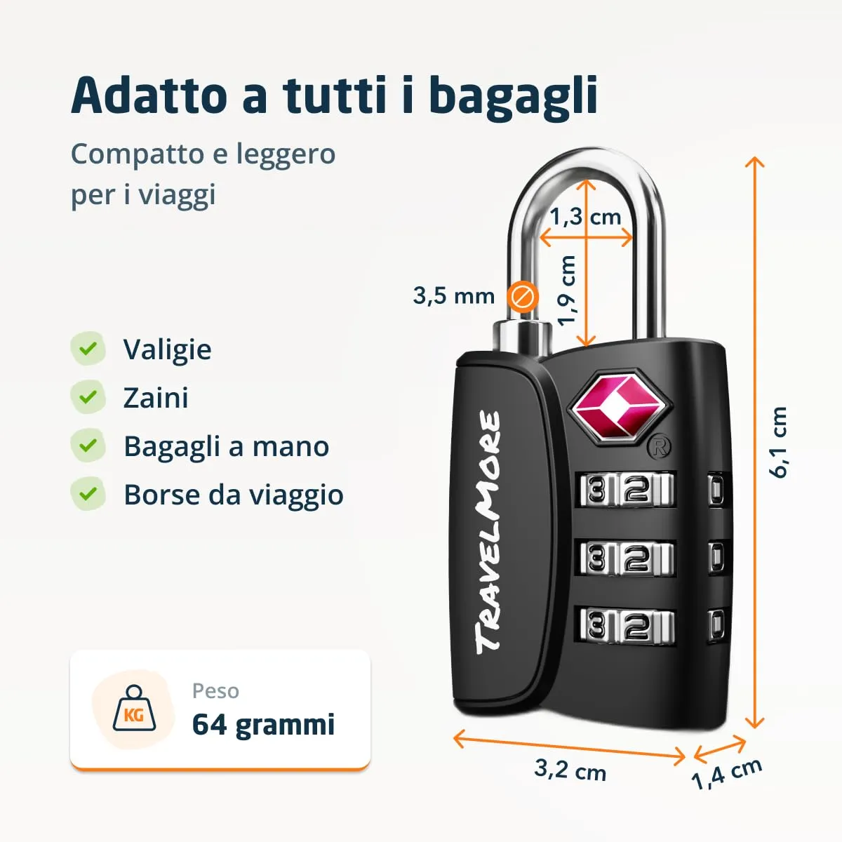 Lucchetto TSA con Indicatore di Apertura per Valigia, Zaino, Borsa da Viaggio, ecc. | Lucchetto da Viaggio con Combinazione a 3 Cifre | Confezione da 1 (Nero) - immagine 2