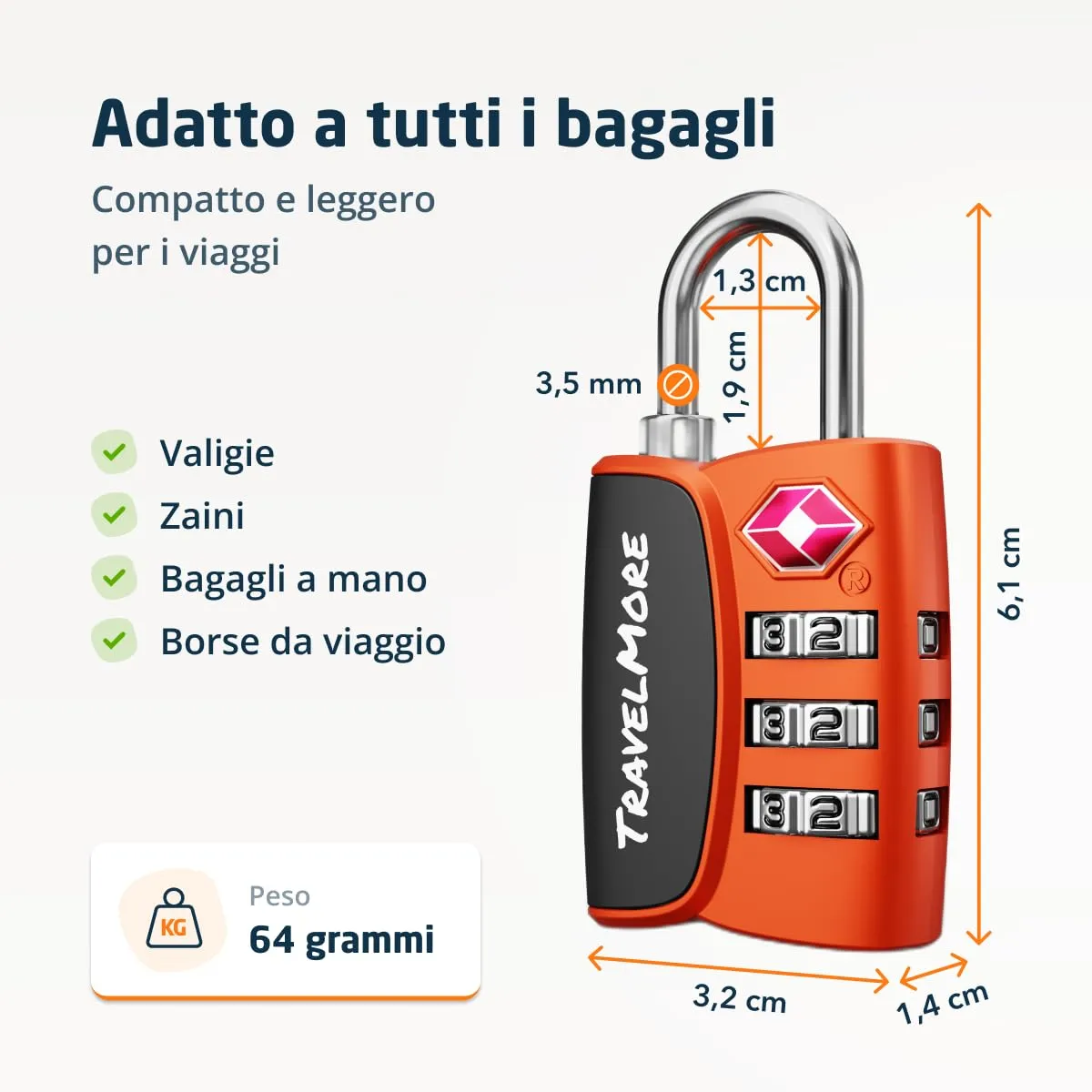 Lucchetto TSA con Indicatore di Apertura per Valigie, Zaini, Borse da Viaggio, ecc. | Lucchetti da Viaggio con Combinazione a 3 Cifre | Confezione da 2 (Arancione) - immagine 2