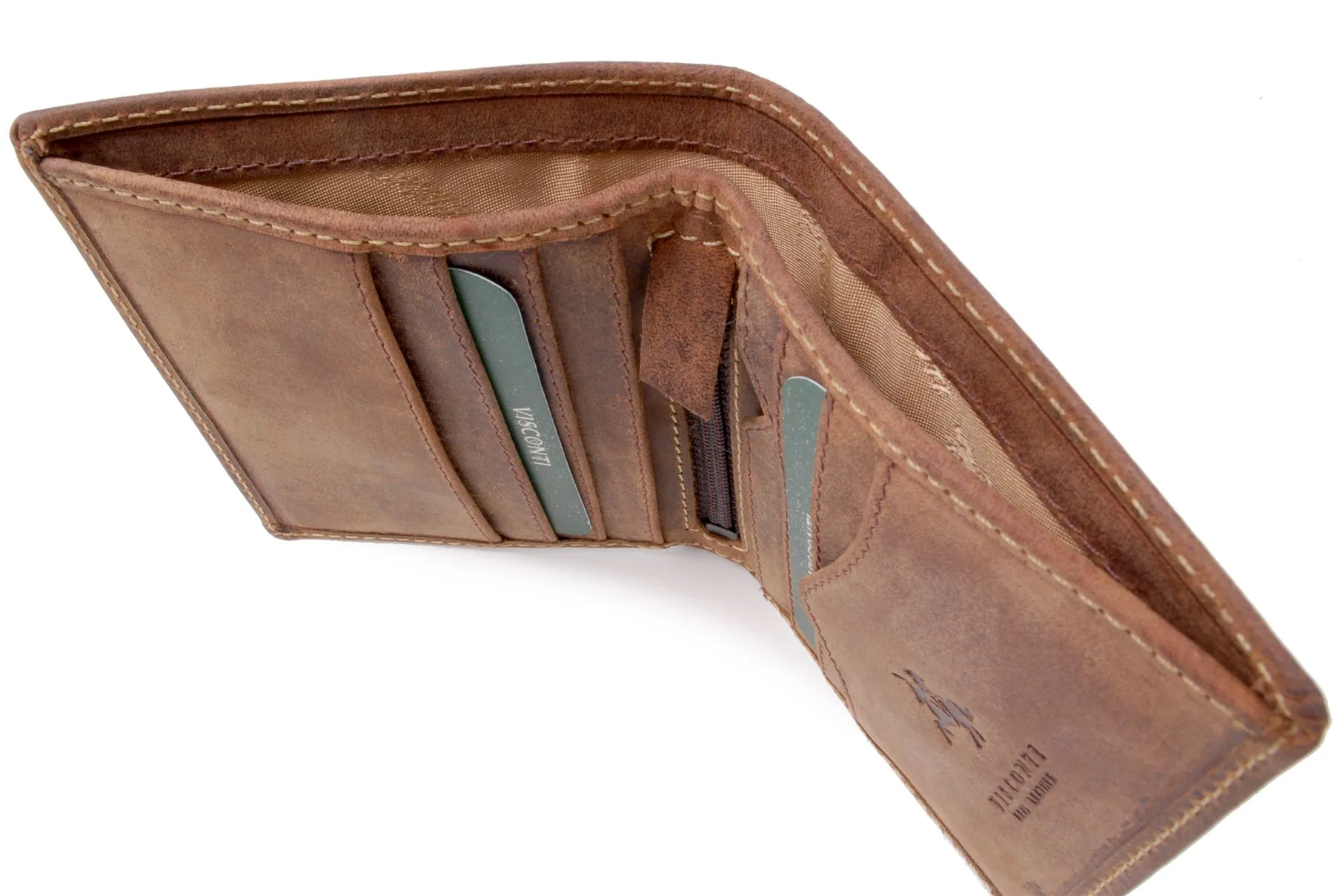 VISCONTI - Portafoglio Uomo Compatto in Pelle - Porta Carte di Credito per 6 Carte con Portamonete - Due Pieghe - RFID - 705 Arrow Olio Marrone Chiaro - immagine 1