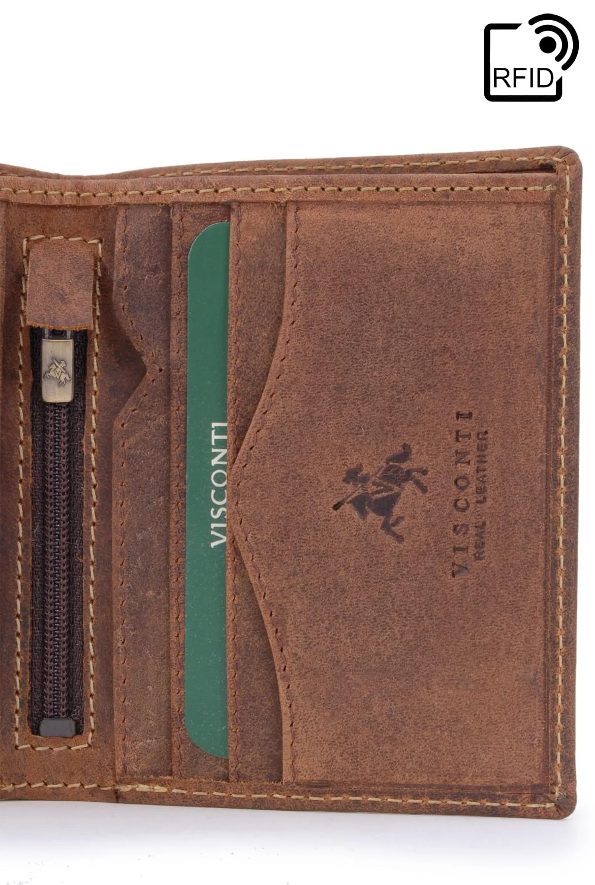 VISCONTI - Portafoglio Uomo Compatto in Pelle - Porta Carte di Credito per 6 Carte con Portamonete - Due Pieghe - RFID - 705 Arrow Olio Marrone Chiaro - immagine 3
