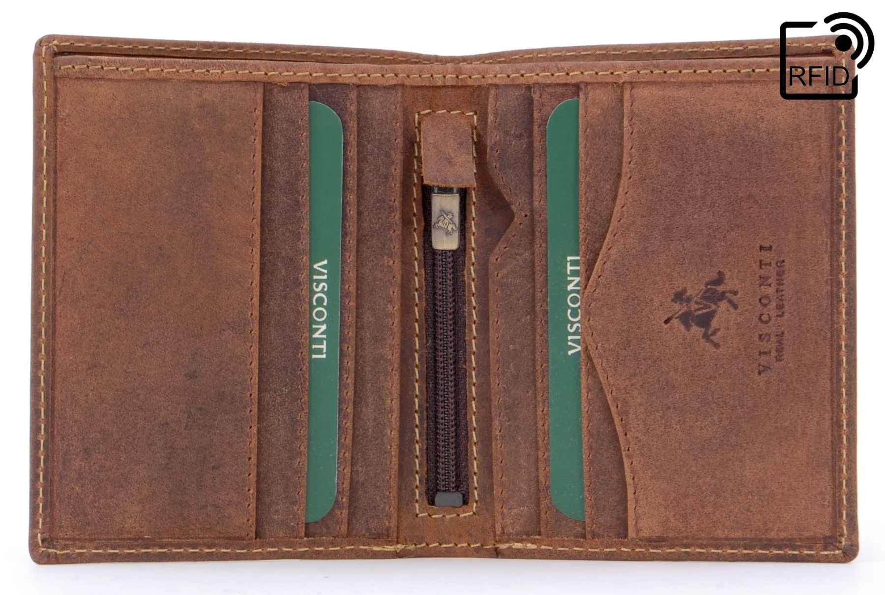 VISCONTI - Portafoglio Uomo Compatto in Pelle - Porta Carte di Credito per 6 Carte con Portamonete - Due Pieghe - RFID - 705 Arrow Olio Marrone Chiaro - immagine 5