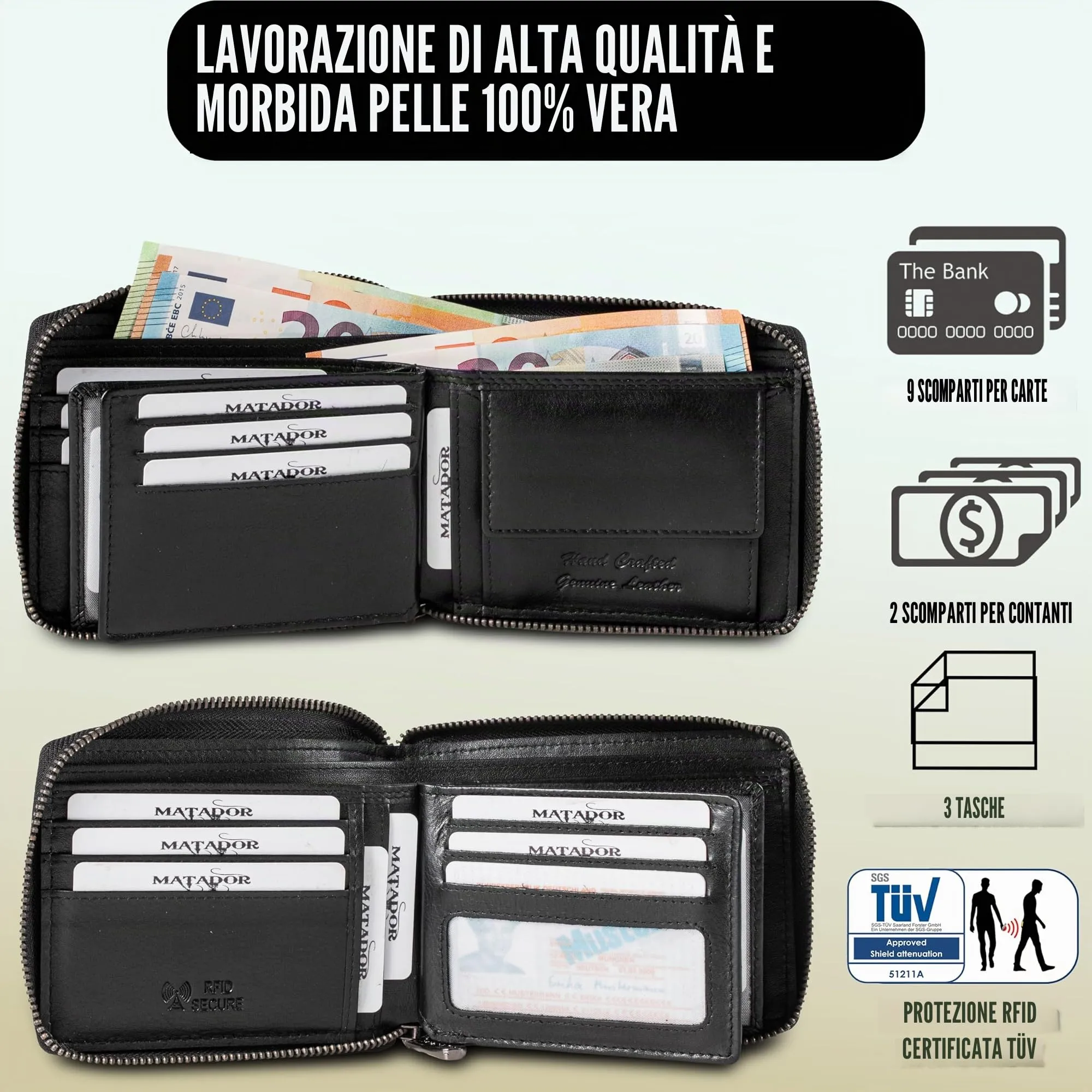 Matador Portafoglio Uomo Donna Vera Pelle RFID Cerniera Nero Nappa - immagine 2