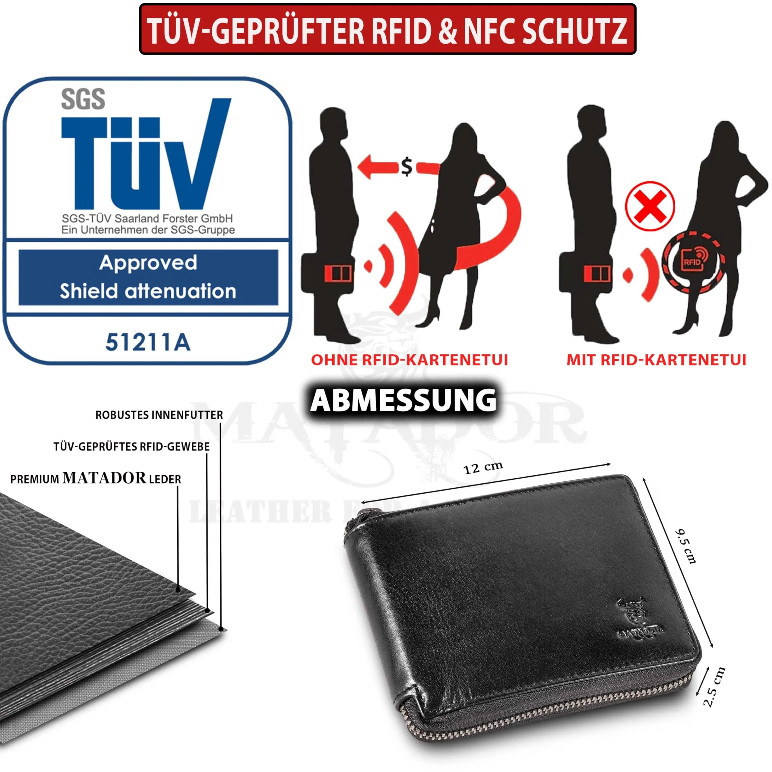 Matador Portafoglio Uomo Donna Vera Pelle RFID Cerniera Nero Nappa - immagine 3