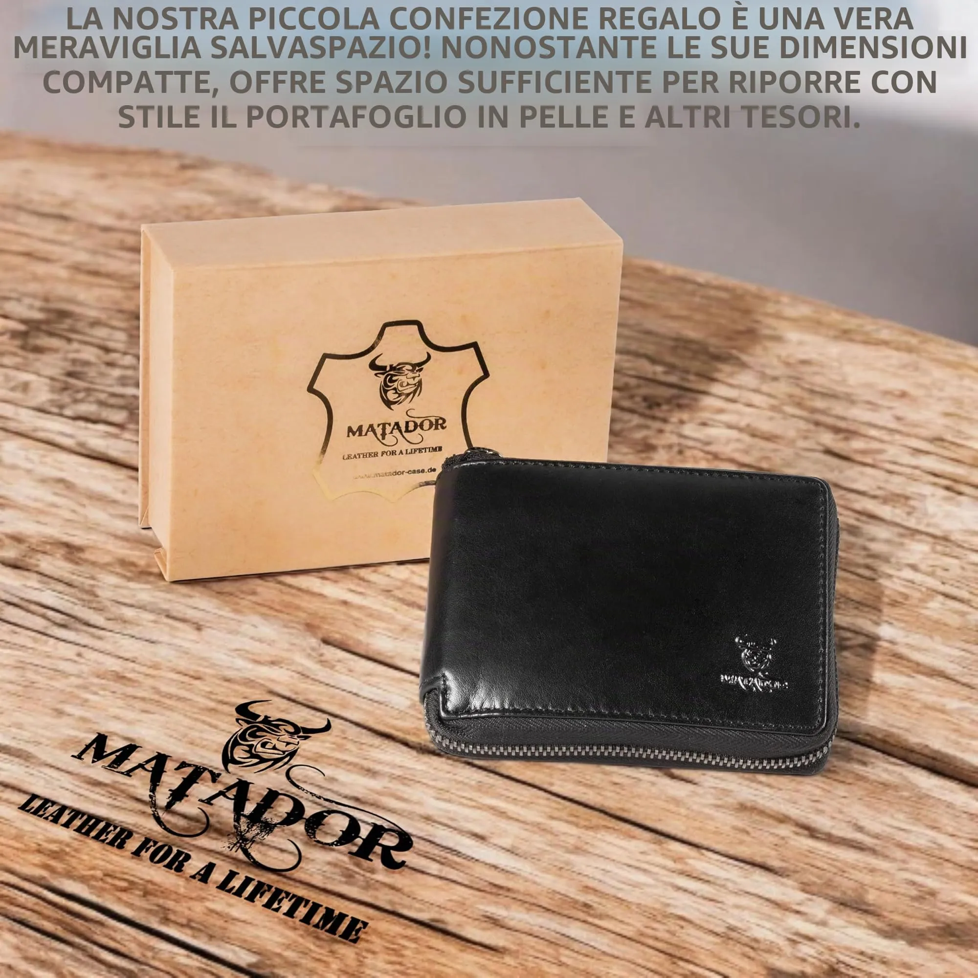 Matador Portafoglio Uomo Donna Vera Pelle RFID Cerniera Nero Nappa - immagine 6