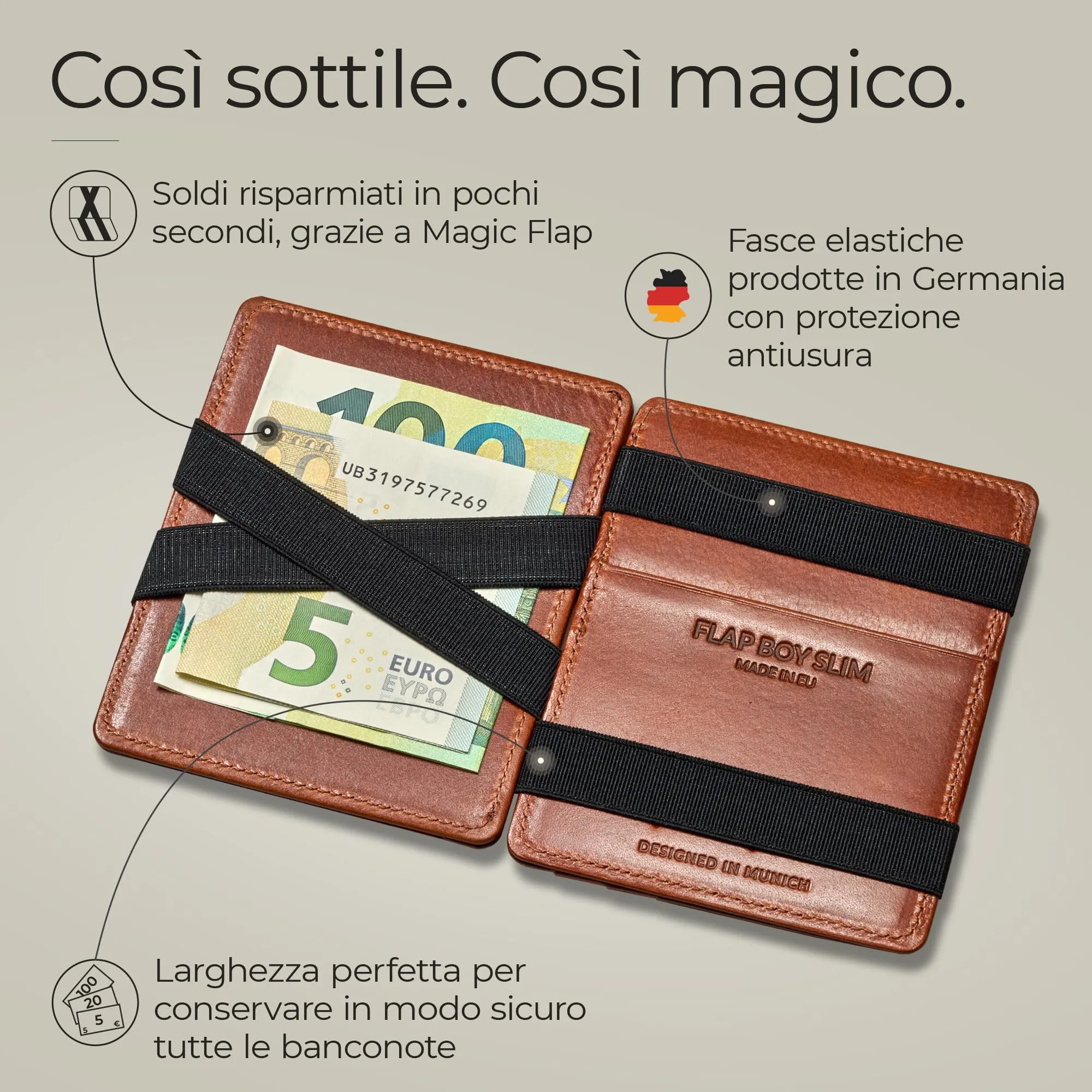 Jaimie Jacobs Portafoglio Magico, Magic Wallet Flap Boy Slim - l'Originale - Protezione RFID, Portafoglio Uomo Piccolo, Porta Carte di Credito Ragazzo, Porta Tessere Slim, Vera Pelle (Marrone e Nero) - immagine 3