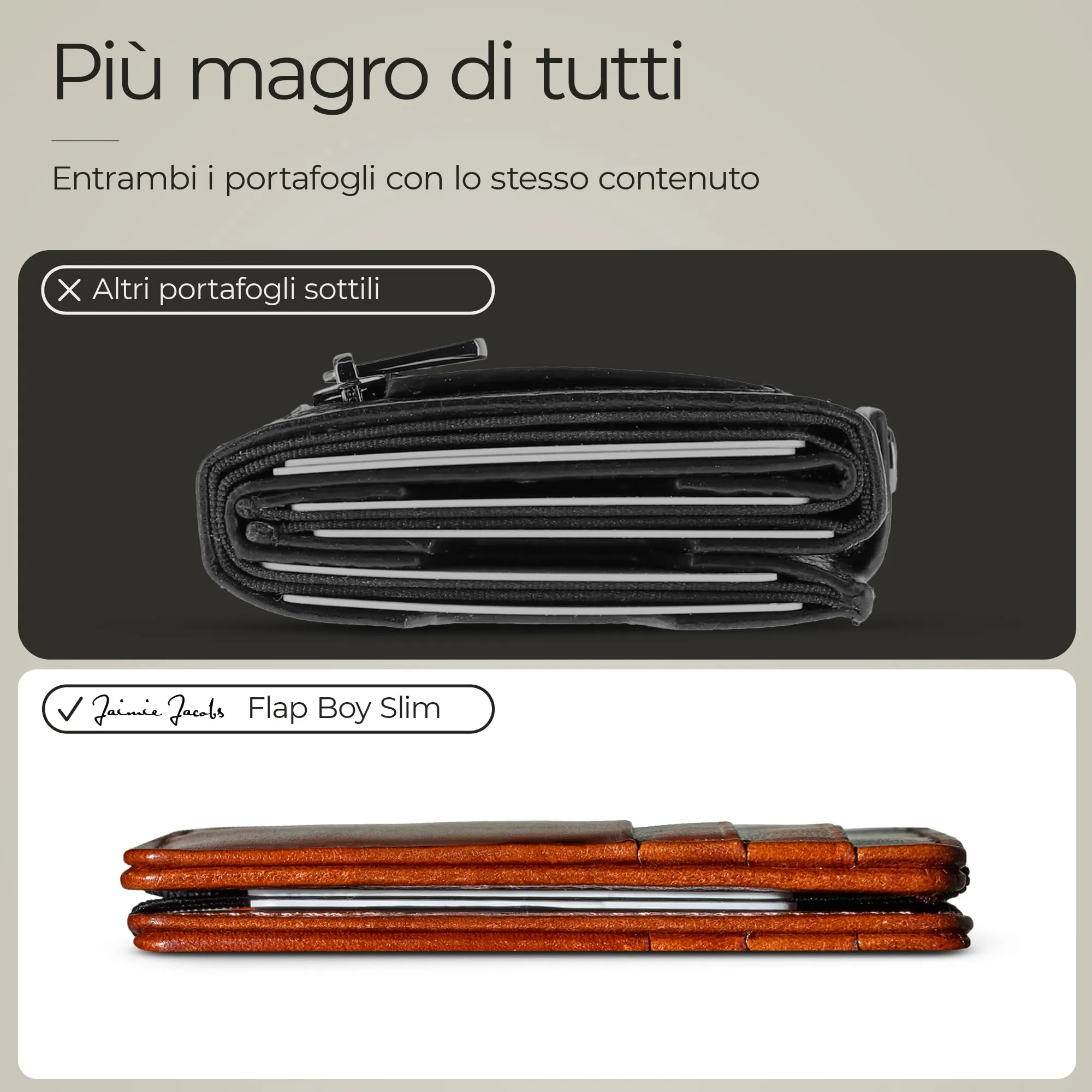 Jaimie Jacobs Portafoglio Magico, Magic Wallet Flap Boy Slim - l'Originale - Protezione RFID, Portafoglio Uomo Piccolo, Porta Carte di Credito Ragazzo, Porta Tessere Slim, Vera Pelle (Marrone e Nero) - immagine 4