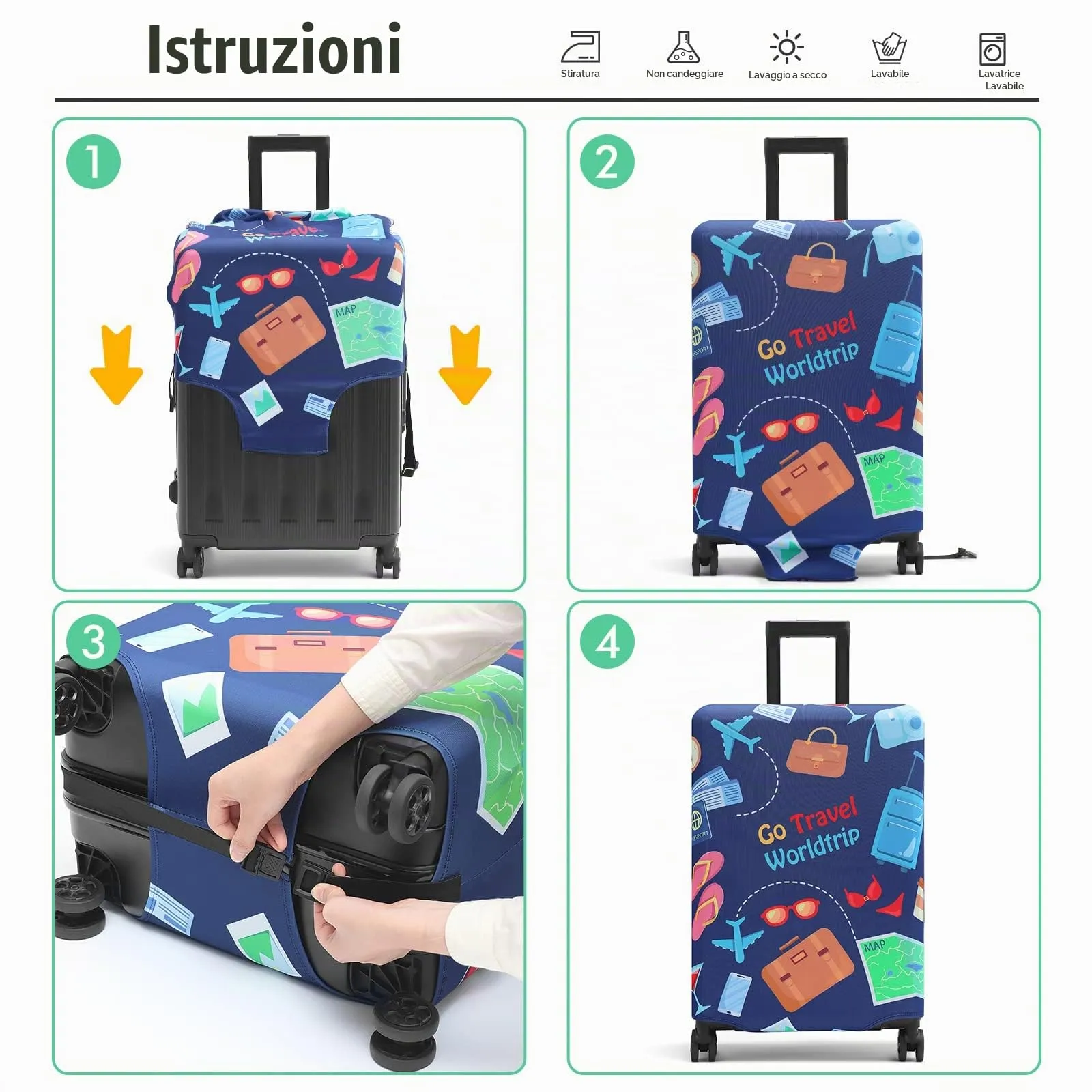 Coprivaligia Elastico M per Valigia 22-25 Pollici, Motivi Viaggio Cartoon - immagine 3