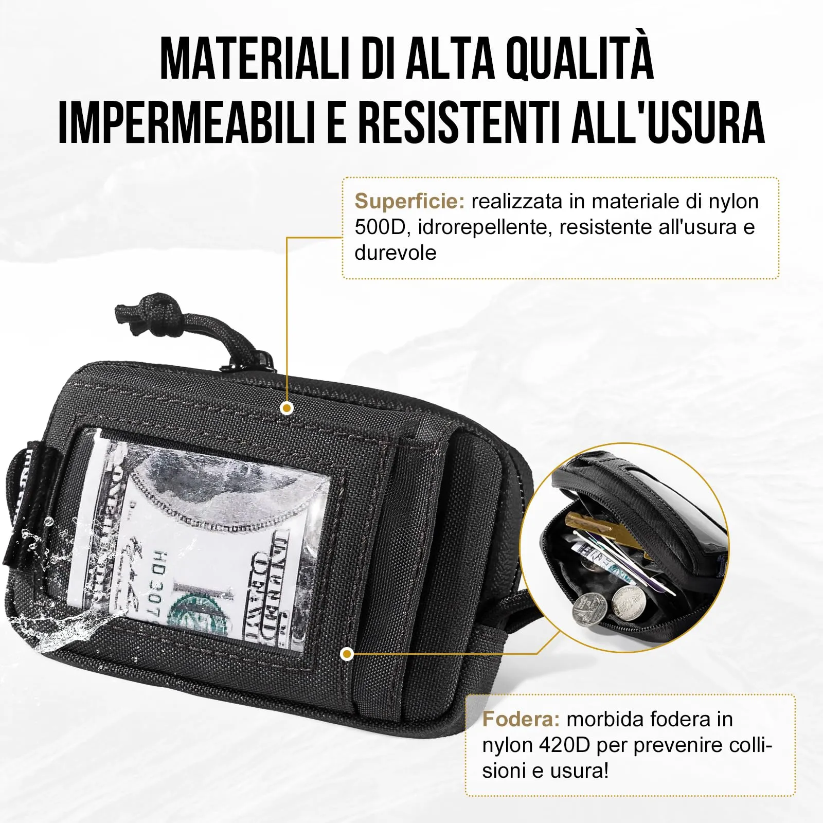 OneTigris Portafoglio 500D Nylon Piccolo Con Cerniera Portafoglio Tattico Custodia Per Carte Di Credito Piccola Tasca Per Uomini e Donne-Nero - immagine 3