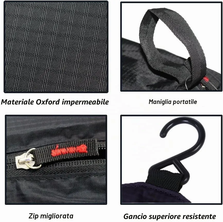 jiemei Hanging Toilettry Bag impermeabile, Travel Wash Bag per gli uomini e le donne con 4 scomparti, Pieghevole Compact Size, Super Durable Tessuto - immagine 6