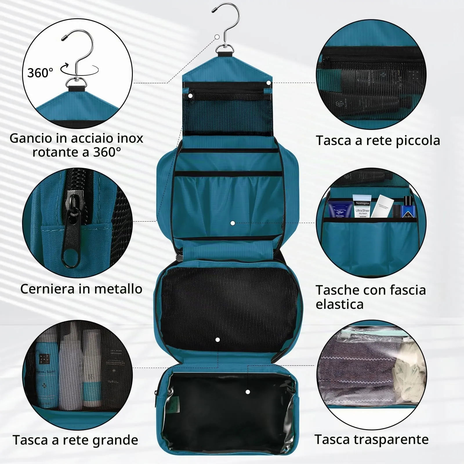 jiemei Hanging Toilettry Bag impermeabile, Travel Wash Bag per gli uomini e le donne con 4 scomparti, Pieghevole Compact Size, Super Durable Tessuto - immagine 3