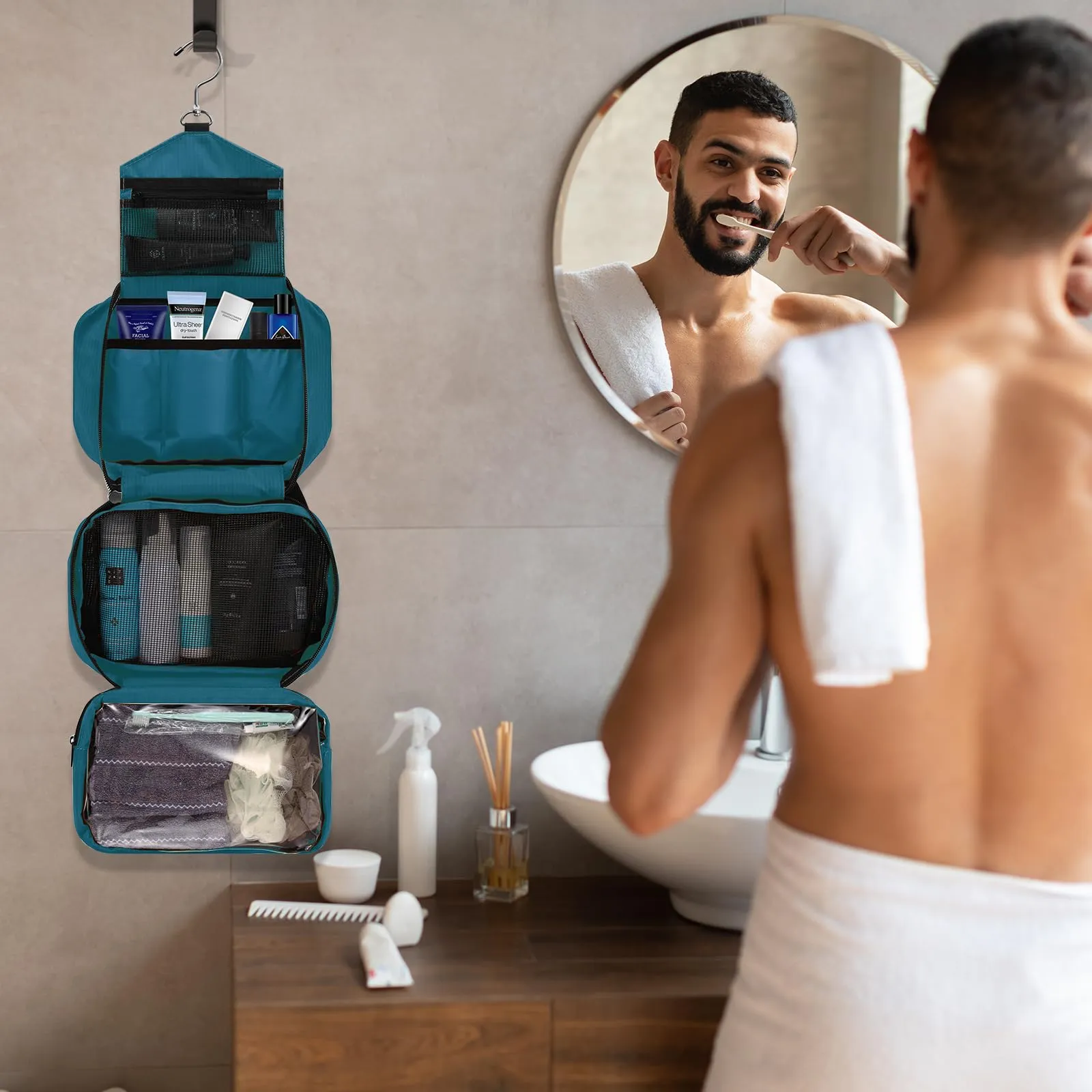 jiemei Hanging Toilettry Bag impermeabile, Travel Wash Bag per gli uomini e le donne con 4 scomparti, Pieghevole Compact Size, Super Durable Tessuto - immagine 6