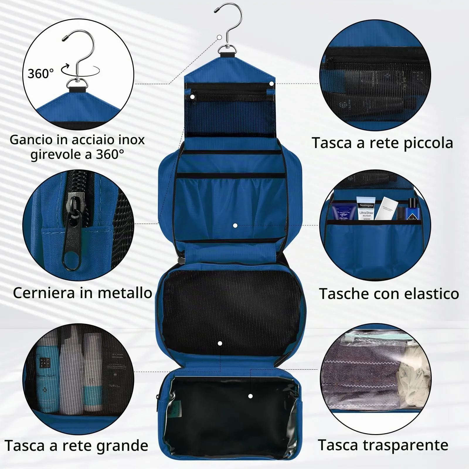 jiemei Hanging Toilettry Bag impermeabile, Travel Wash Bag per gli uomini e le donne con 4 scomparti, Pieghevole Compact Size, Super Durable Tessuto - immagine 3