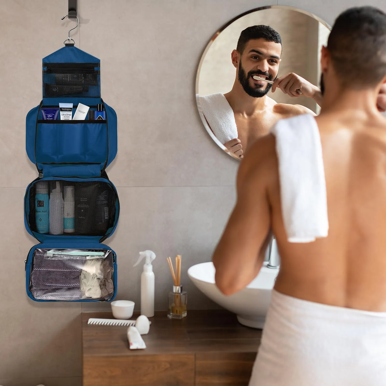 jiemei Hanging Toilettry Bag impermeabile, Travel Wash Bag per gli uomini e le donne con 4 scomparti, Pieghevole Compact Size, Super Durable Tessuto - immagine 6