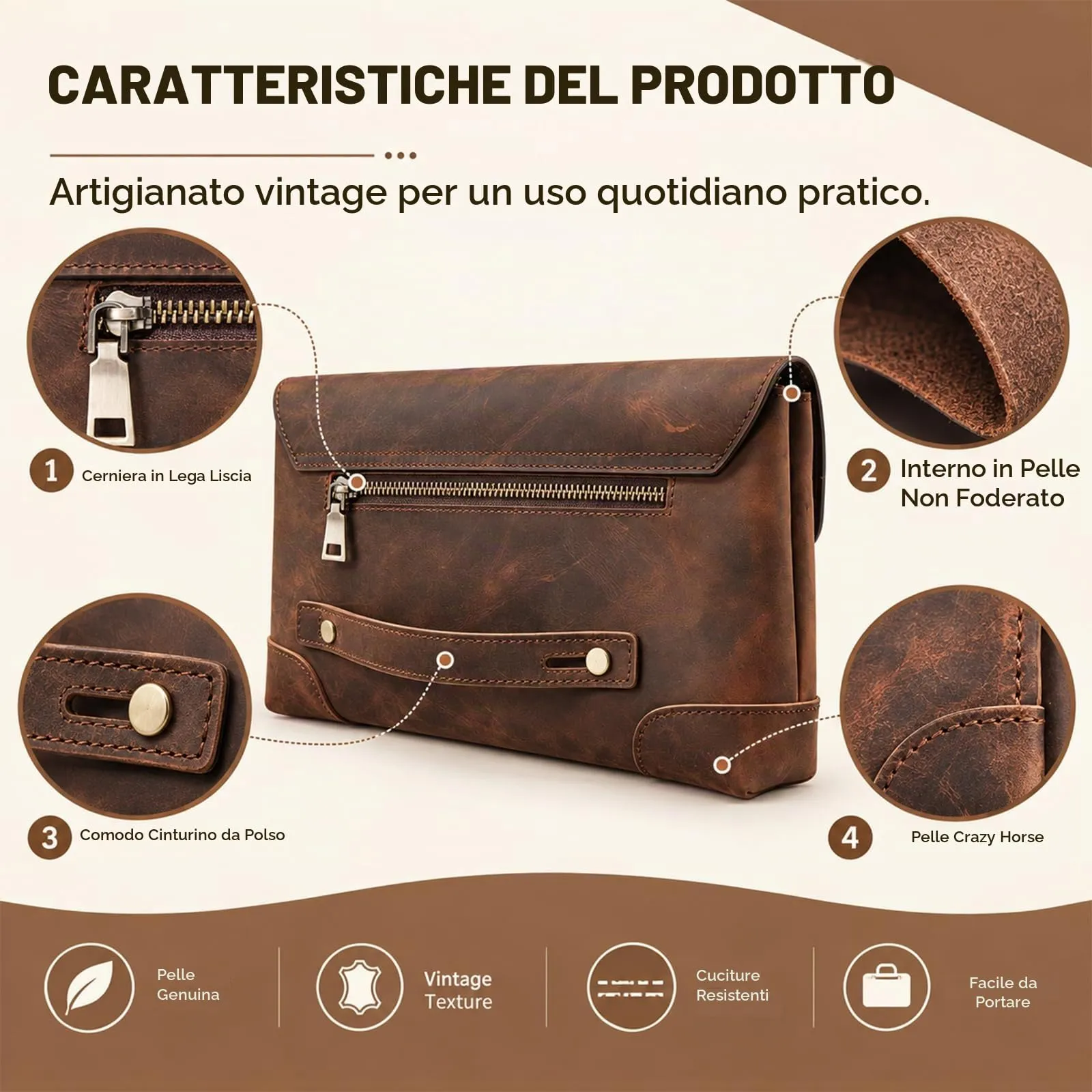 CONTACTS Portamonete da uomo in vera pelle con cerniera per carta d'identità, telefono, portamonete, marrone scuro, Taglia unica per tutti, Vintage - immagine 3
