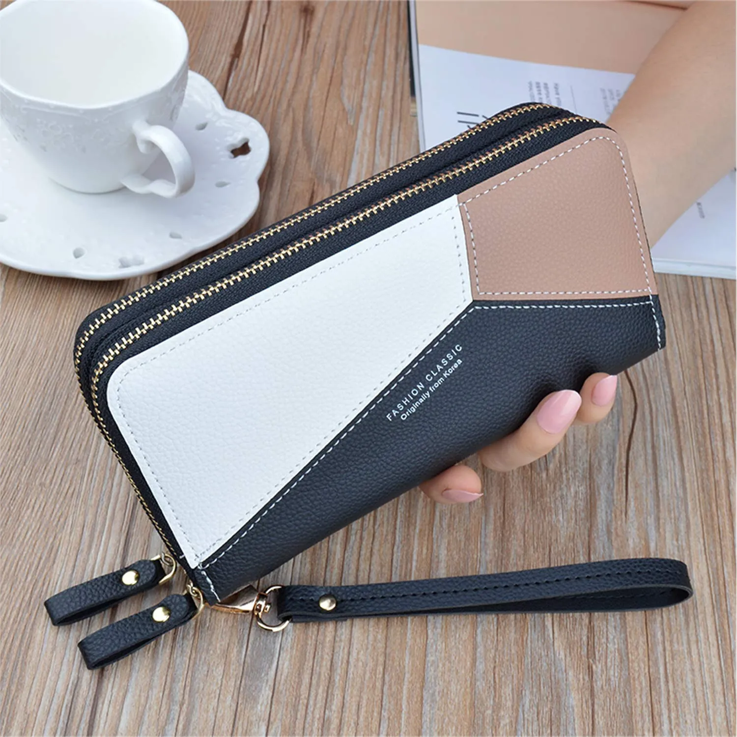 Portafoglio da Polso Donna con Doppia Cerniera, Porta Monete in Pelle PU per Telefono, Grande Capacità, con Slot per Schede Multiple (Nero4) - immagine 7