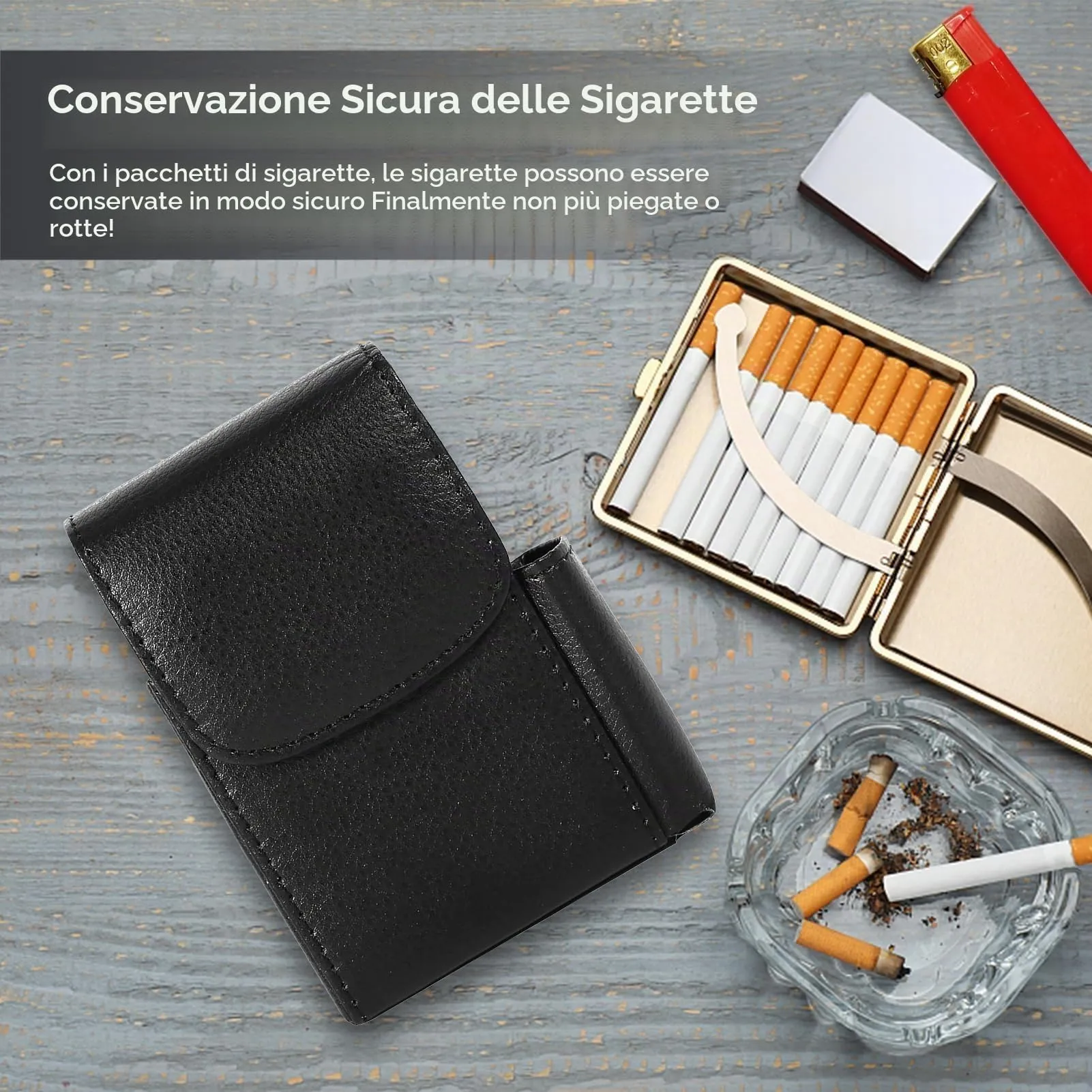 HERCHR Porta Sigarette con Porta Accendino, Portasigarette in Pelle PU con Borsa più Leggera, Custodia per Tabacco, Custodia per Donne e Uomini, Custodia per Sigarette, Porta Sigaretta (Nero) - immagine 6