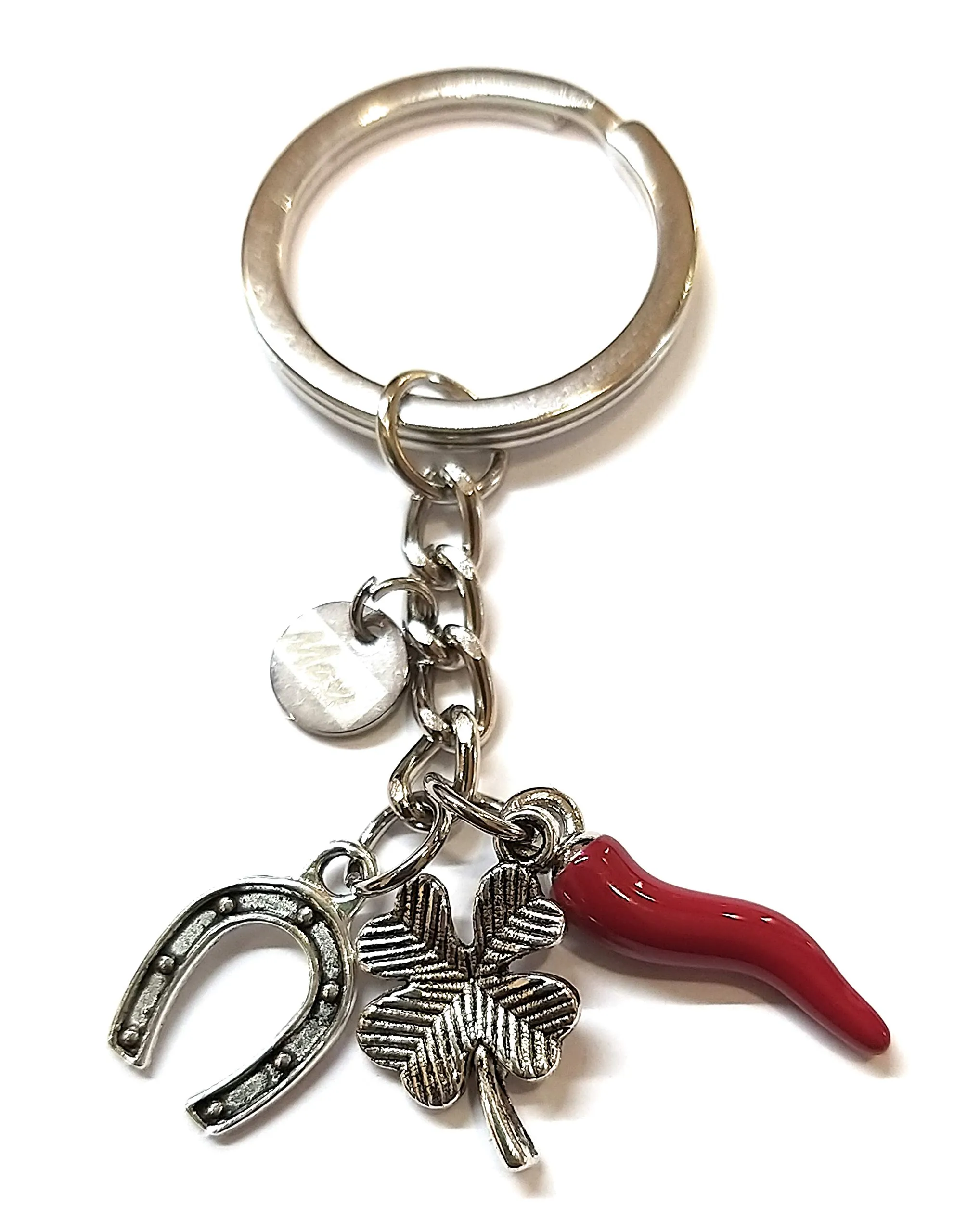 Portachiavi uomo donna in acciaio con pendente portafortuna/corna/zampa/albero della vita/mano di fatima (corno quadrifoglio ciampa di cavallo) - immagine 1