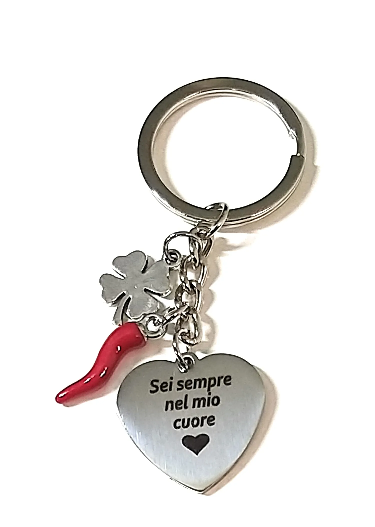 Mavijewel Portachiavi Uomo Donna in Acciaio con Pendente Corno Portafortuna Personalizzato Scritta/Corna/Made in Italy/spedizione Gratuita (Sei Sempre nel Mio Cuore) - immagine 1