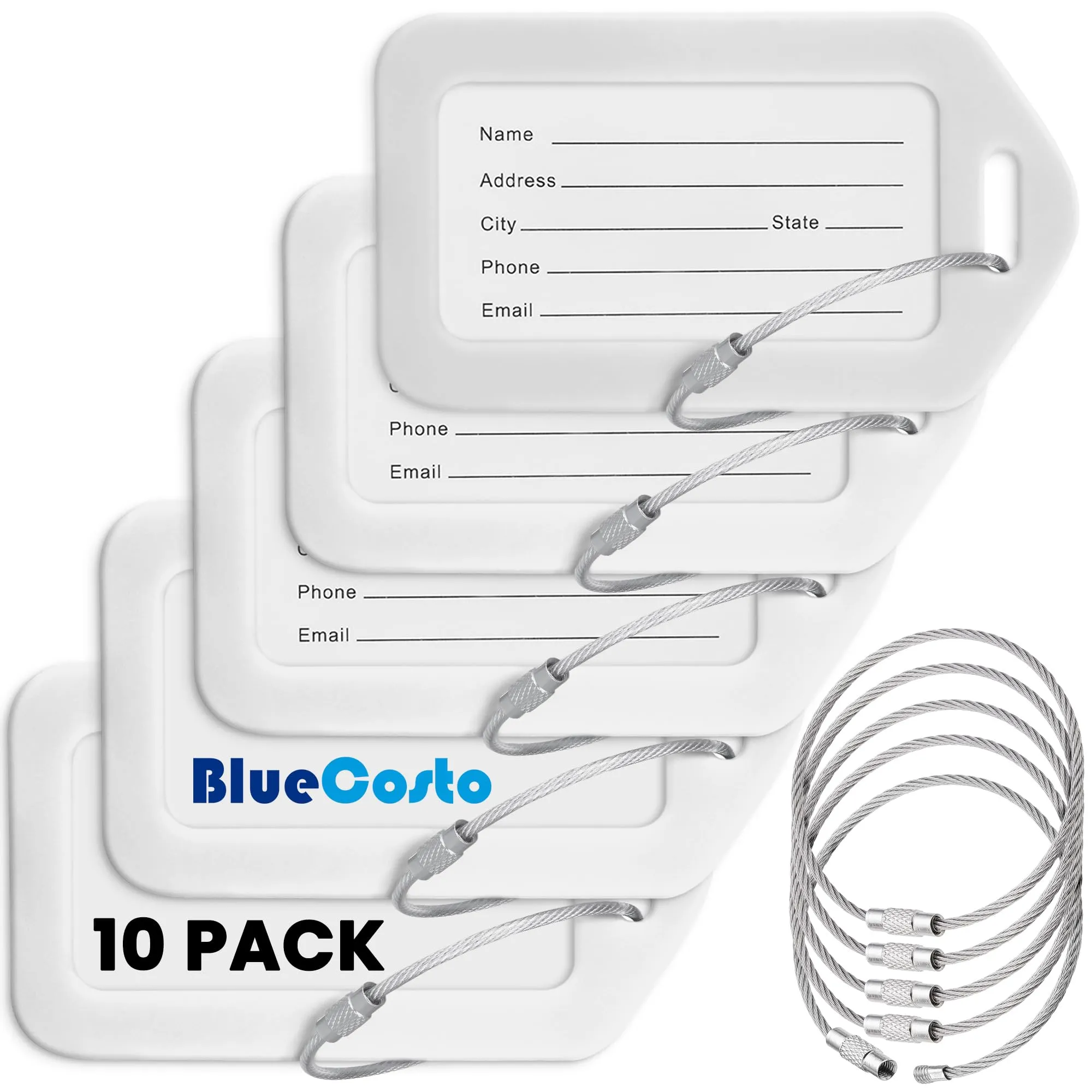 Etichette per Bagagli BlueCosto (Grande, Bianco, 10 Pezzi) - Etichette per Valigie da Viaggio con Scheda di Identificazione del Nome e Anelli in Metallo Resistente - immagine 1