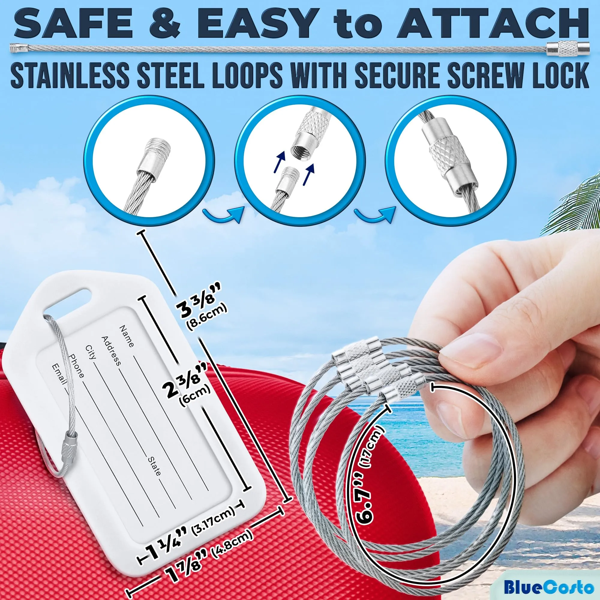 Etichette per Bagagli BlueCosto (Grande, Bianco, 10 Pezzi) - Etichette per Valigie da Viaggio con Scheda di Identificazione del Nome e Anelli in Metallo Resistente - immagine 2